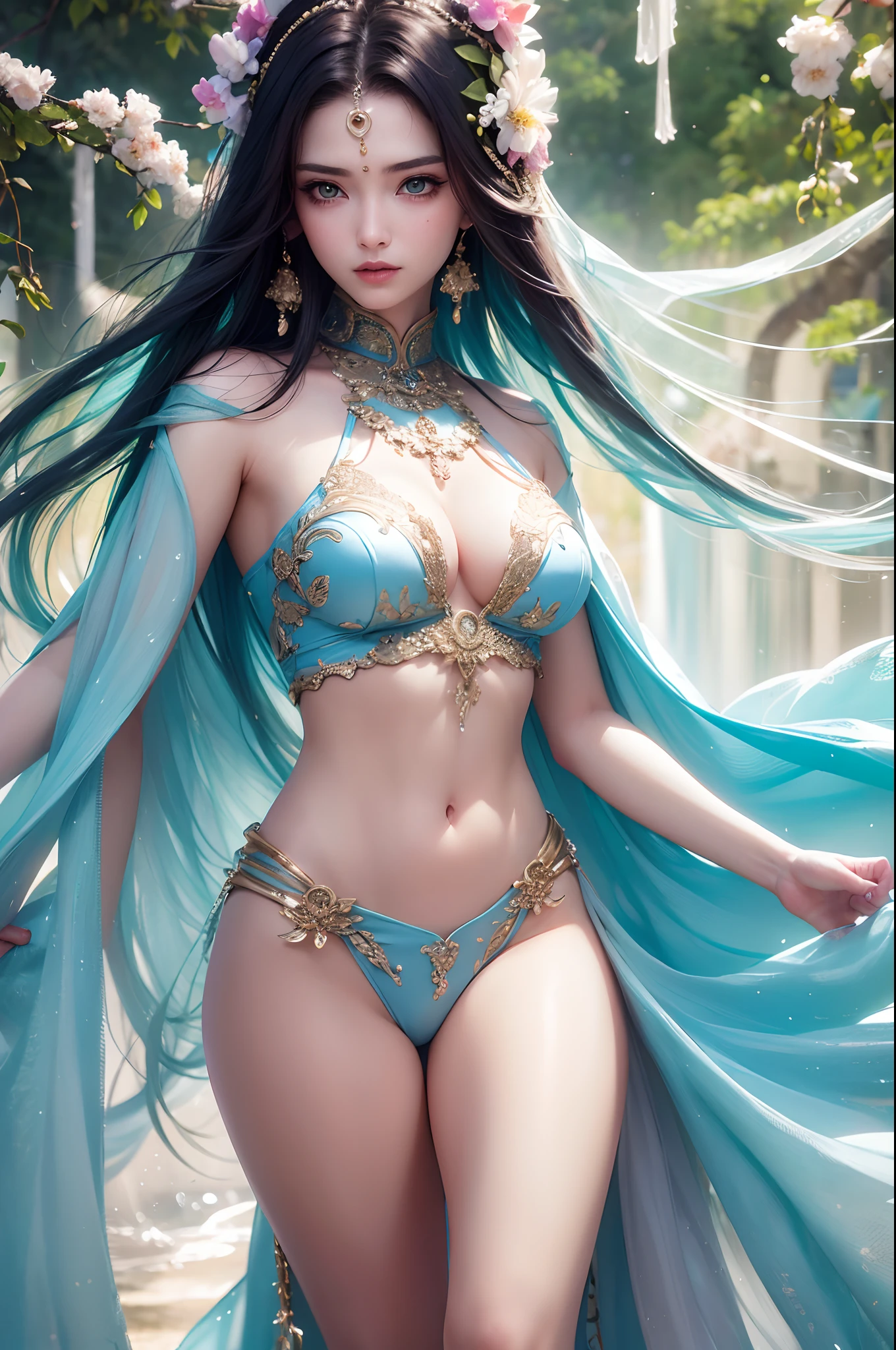 Absolute beauty, Jade Beauty, Face of the Goddess, Heroine Xianxia, Lots of silk, (Best Quality,4k,8K,hight resolution,Masterpiece:1.2),Ultra-detailed,(Realistic,Photorealistic,photo-realistic:1.37), HDR, UHD, studio lightning, ultra-fine painting, sharp-focus, physical based rendering, extreme detail description, Professional, Vivid colors, bokeh, portrai, landscape, Horror, the anime, Sci-Fi, photografic, Concept Artists, bright colours, soft pastels, Gentle light, ethereal ambiance, Tranquil environment, flowing water, blooming flowers, Intricate Patterns, intricate hairstyle, Delicate jewelry, flowing clothes, Elegant posture, serene expression, radiant & Glowy skin, Long and delicate limbs, Mesmerizing eyes, gentle smile, fine makeup, Enchanting background, Mystical creatures, Dynamic action, Supernatural forces, Dazzling Effects.