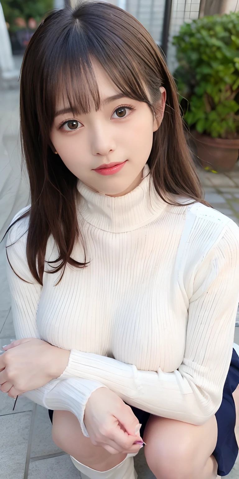 masutepiece, Best Quality,
Ultra-detailed, finely detail, hight resolution, in 8K,
((Photorealsitic:1.4, Raw photography, 超A high resolution,Top image quality: 1.4)),
Wallpaper,
((Perfect whole body configuration1.5)),
((Beautiful detailed eyes, Natural Color Lip、Clean face、Gaze staring at the camera、Lashes、big eye、Distinct double eyelids、Tear mole、glowy skin、Clean skin quality、lipgloss)),
((a serene smile:1.5)),
((Random and cute hairstyles)),
((Turtleneck knitwear:1.5)),
(Underwear marks can be seen through:1.5)),((large breasts size、cleavage of the breast:1.2)),
((((Random and cute micro mini skirt:1.5)))),
((Open your legs wide、sitting with knees arised:1.5)),
((breastsout、under look eyes、Mole on the arm:1.6)),
((look up to)),
((Random blurry background)),
((Random and cute facial expressions:1.5)),,
((((Woman with Folded Hands:1.5))))
very detailed and professional lighting、
((thigh visible:1.5))