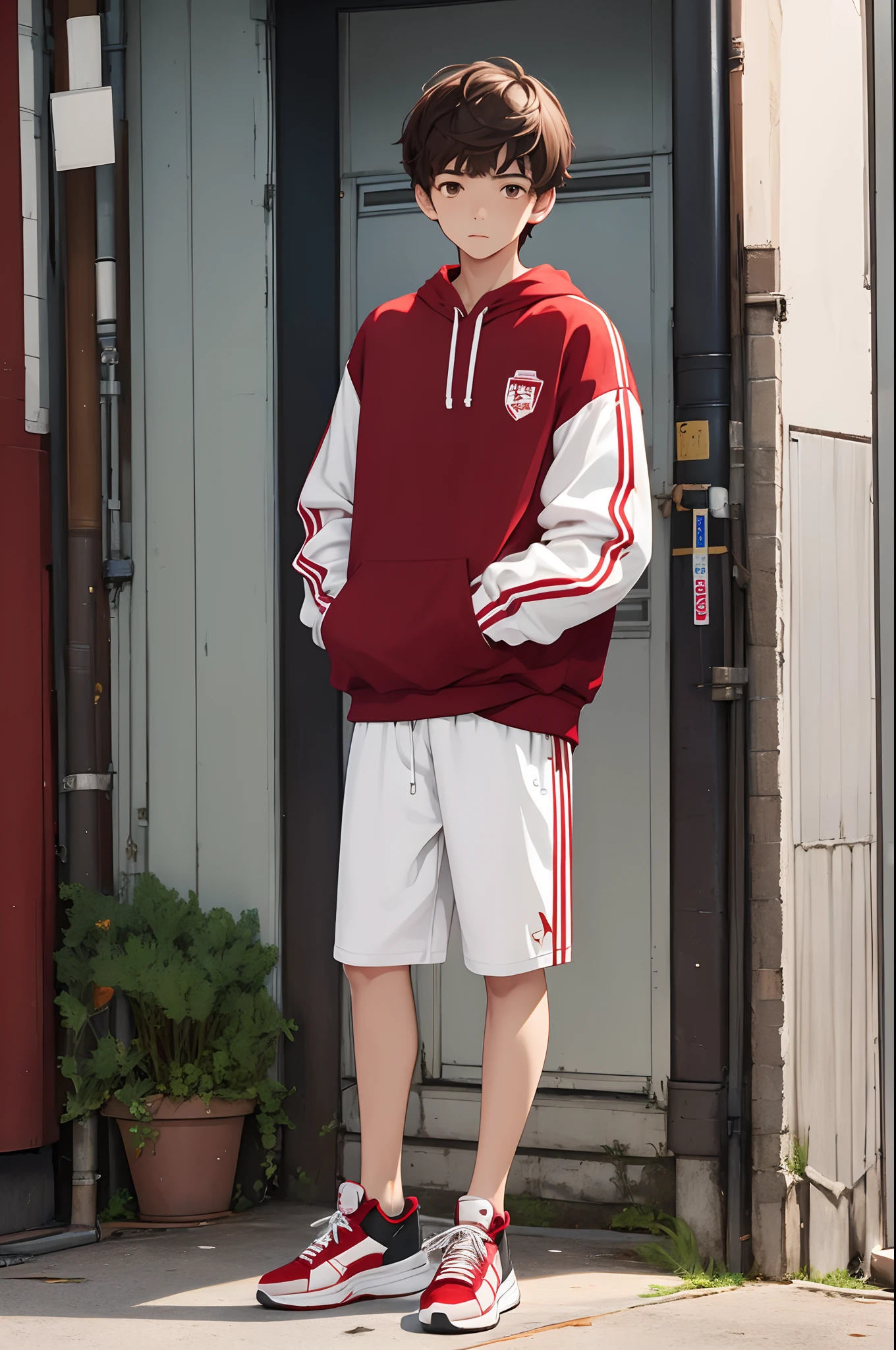 1boy, dark brown hair, brown eye, casual wear, red and white sneakers, attractive, standing, 18 years old, ((full body in view)), tall