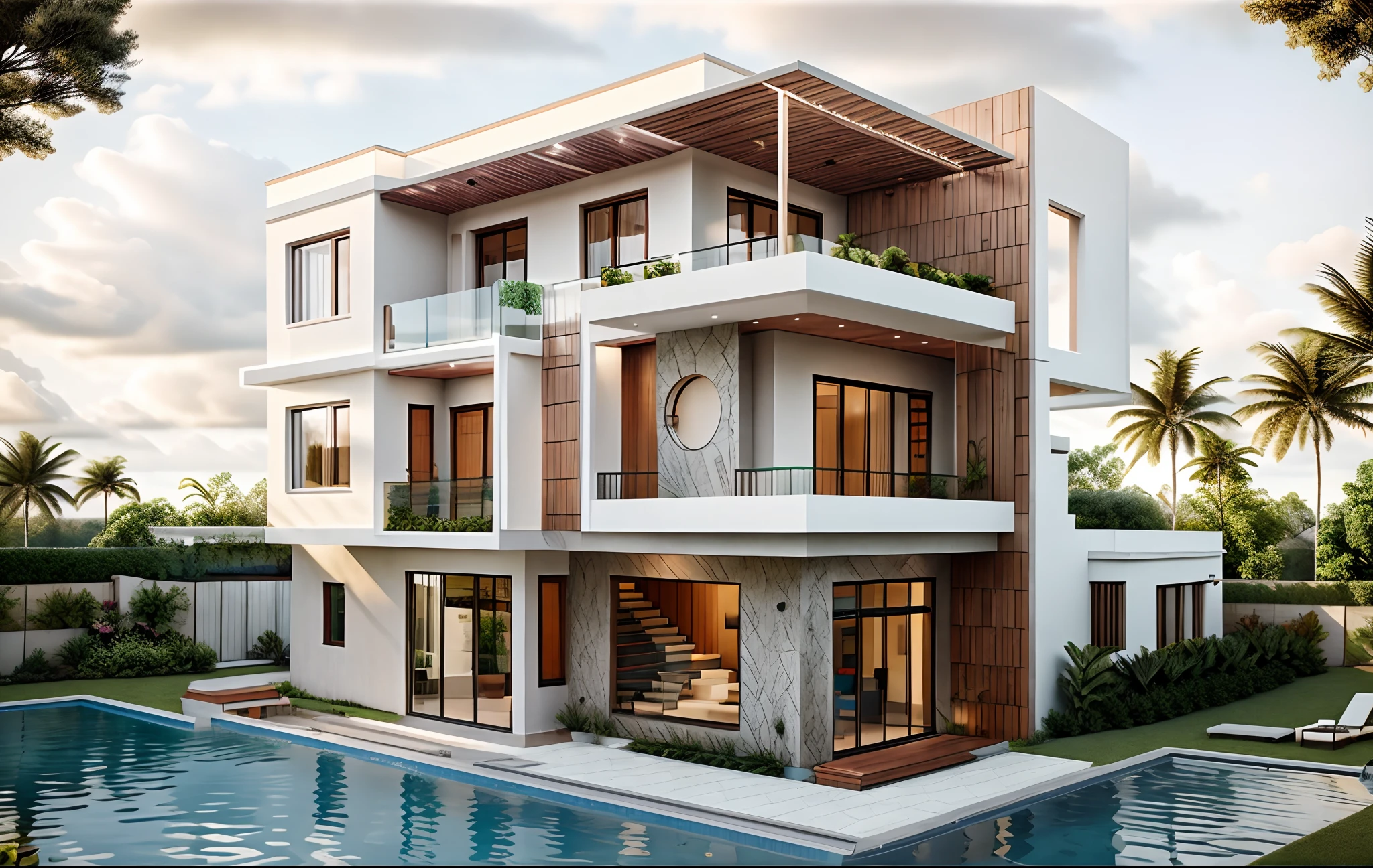 the exterior of the house; garden landscape, a pool with clear water, daytime, realistic, wide angle, (( render vray )), cloudy sky, morning, sunlight, European plants, render, spring light, detailed, modern style, clear image, glasses, high reflection, RAW photo, 8k UHD, DSLR, soft lighting, high quality, film grain, Fujifilm XT3