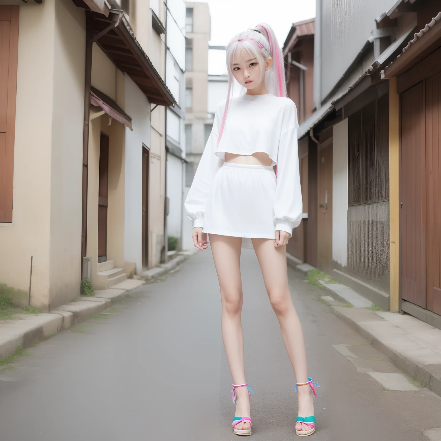 20 years girl,masutepiece , Best Quality,Nahida(GenshinImpact) ,very slender body,tiny chest,Skinny Legs,Long hair ,Side Ponytail, Hair Ornament ,Street, White hair , White hair , hand behind head:1.5,multicolored hair, elf ,Skinny Legs,smil,Tsundere,