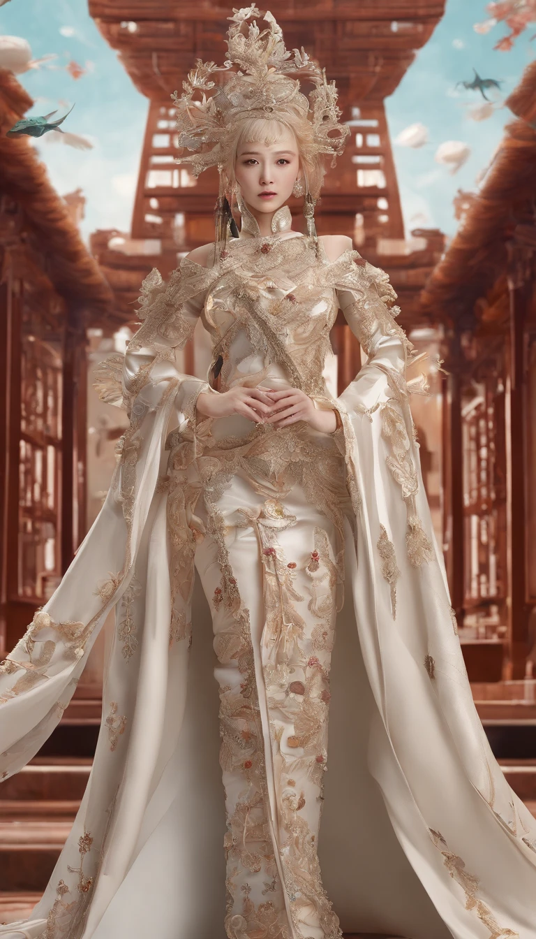 Jangjue Wangjiangizon 16 K,tmasterpiece,skin textures,Multiple Swords,Decoration Costumes,award - winning photo,Very detailed ,Amazing Cleavage,intricate detailes,absurd res,extraordinarily detailed woman,extremely detailed eye and face,Dazzling red eyes,detailed costume,very long sleeves,Ding Xianghua, QMSJ,Confectionery,Saturated pigments in style,Wes Anderson