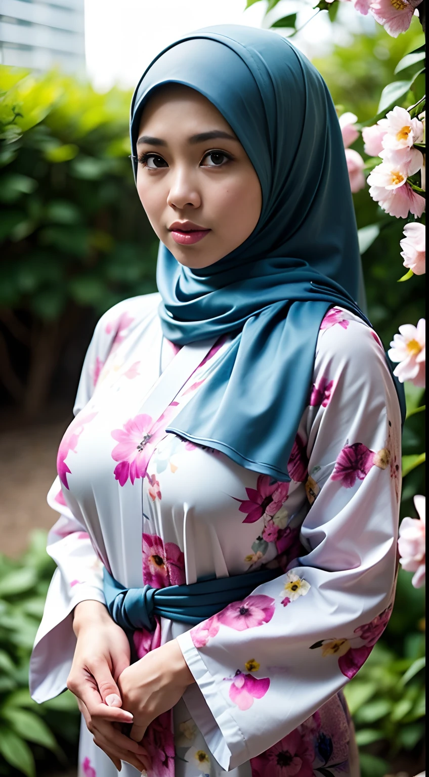1 Malay Girl, Modern Plain Hijab, Shy, Medium Portrait, Watery Eyes, Seductive, sad face. lustful face, ((big breast)),Wearing a kimono Dress with a Big Floral Pattern, Full Body Photo, Big Breasts, Looking at the Viewer, Facing the camera, flower garden background, bokeh, proportional body,