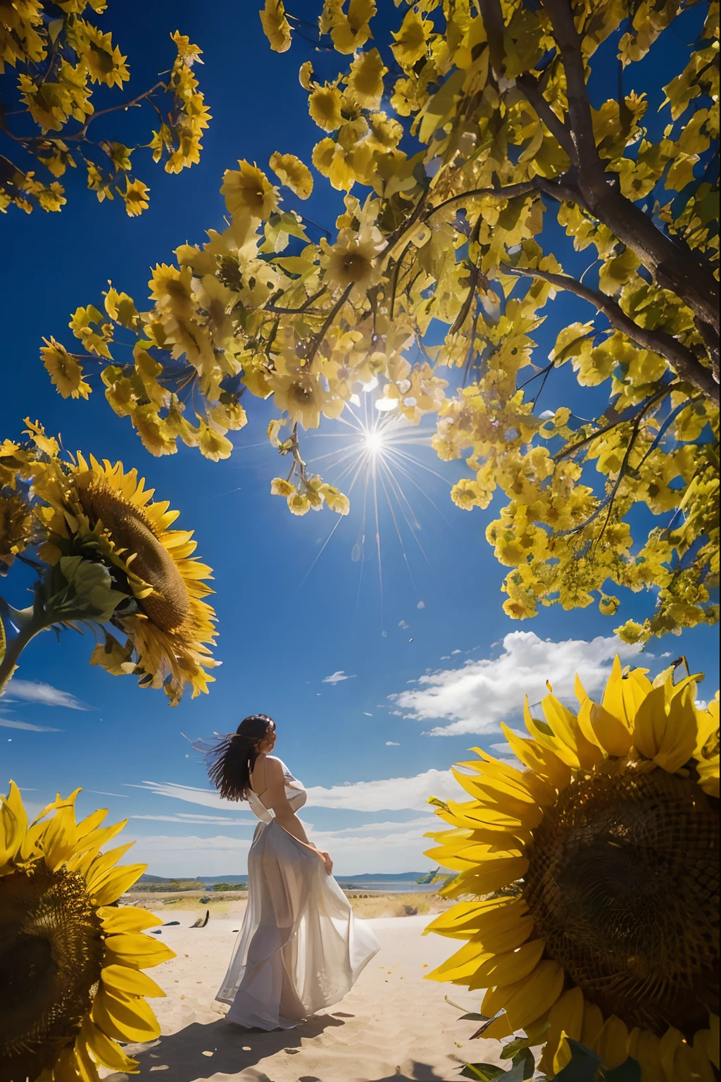 A woman wearing sheer gossamer stands under the towering sunflower tree, her gaze fixed on the intricate patterns of the branches above. The bright white sands beneath her feet seem to glow in the warm sunlight, while the endless blue sky stretches out above her. The scene is bathed in a golden light, as if the sun itself has bestowed its 24k blessing upon this tranquil moment.