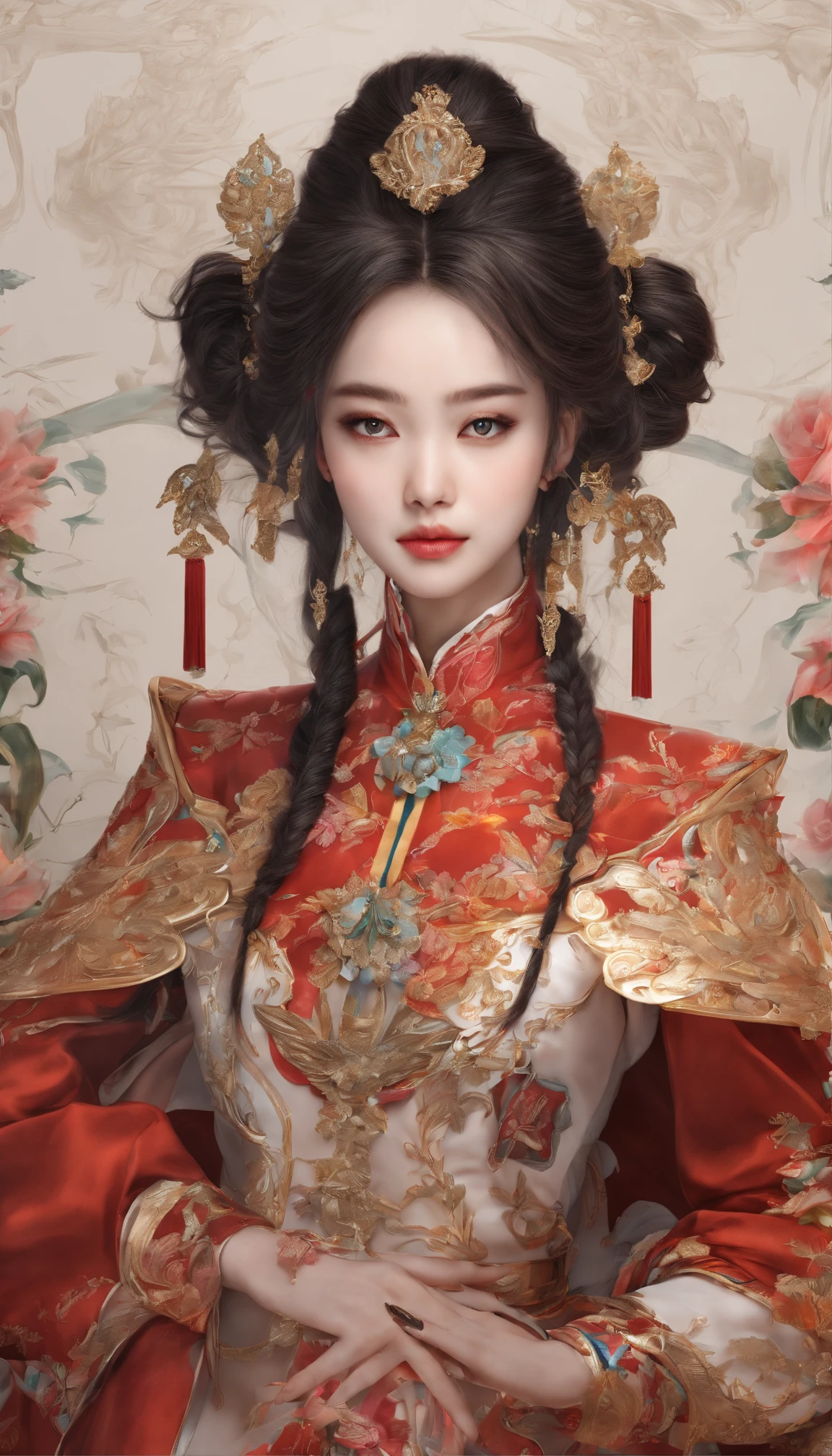 Jangjue Wangjiangizon 16 K,tmasterpiece,skin textures,Multiple Swords,Decoration Costumes,award - winning photo,Very detailed ,Amazing Cleavage,intricate detailes,absurd res,extraordinarily detailed woman,extremely detailed eye and face,Dazzling red eyes,detailed costume,very long sleeves,Ding Xianghua, QMSJ,Confectionery,Saturated pigments in style,Wes Anderson
