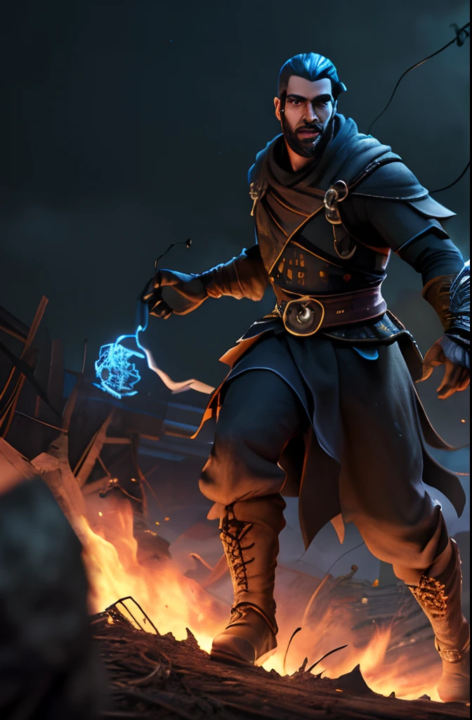 Homen, Sorrisso malefico, Wanostyle, sorridente, olhando para o espectador, sozinho, cabelo preto, olho azul ((obra-prima)), (melhor qualidade), (extremamente detalhado), profundidade de campo, sketchfab, sombras escuras intensas, foco nítido , soft-lighting, HDR, Colouring, good composition, fogo ao redor, espetacular, camisa fechada, Captura de tecido de anime, pronto para lutar, (((Ataque de Invetida No Spectator)), with wires coming out of your hand FULL BODY,