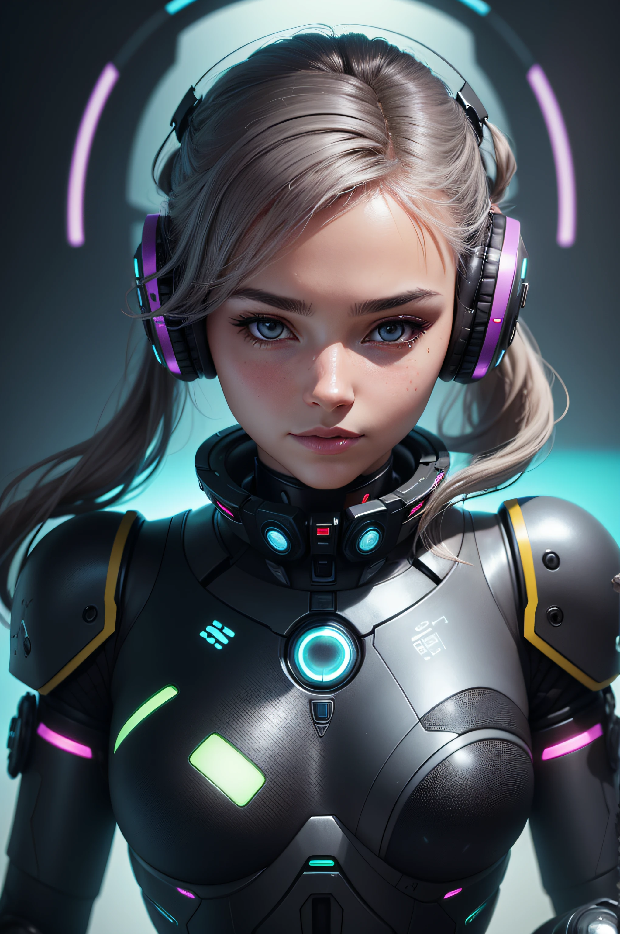 futuristic woman with headphones and glowing lights in her hair, portrait beautiful sci - fi girl, cute cyborg girl, beutiful girl cyborg, cyborg girl, cyborg - girl, portrait of a sci - fi woman, beautiful cyborg girl, 3 d render character art 8 k, beautiful female android, perfect cyborg female, wlop. scifi, sci-fi android female, look at the camera, slight smile, black eyes, blurred background