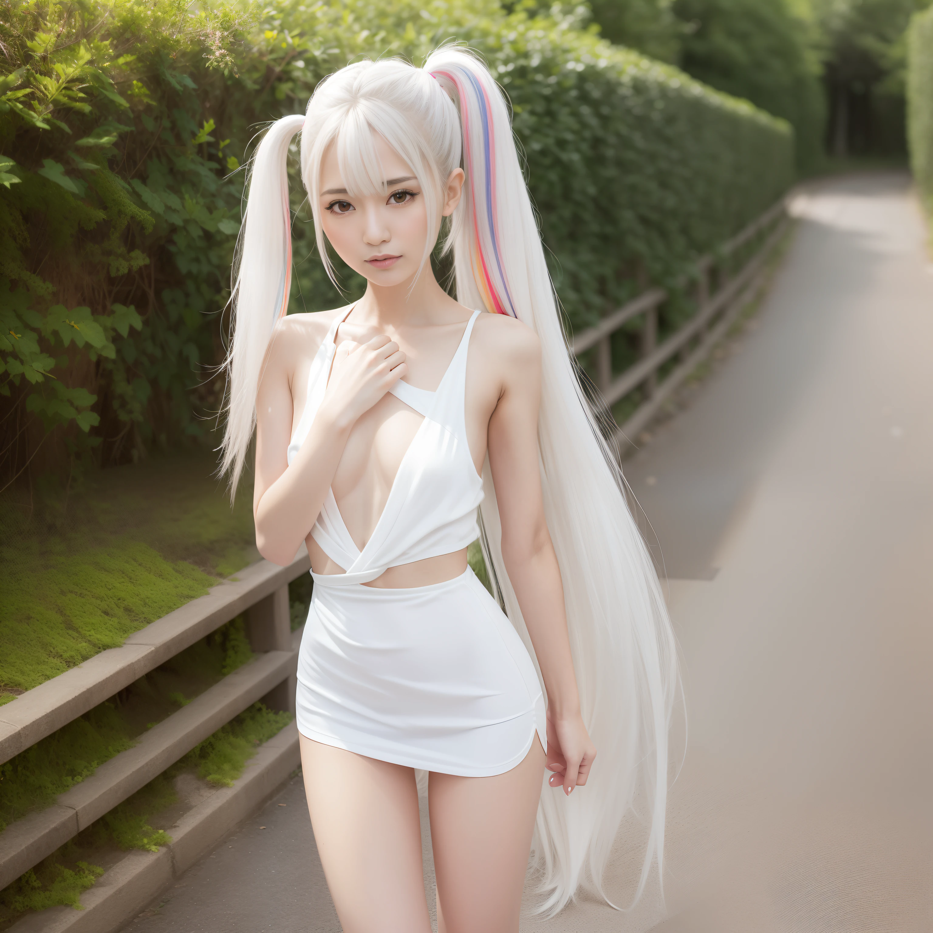 20 years girl,masutepiece , Best Quality,Nahida(GenshinImpact) ,very slender body,tiny chest,Skinny Legs,Long hair ,Side Ponytail, Hair Ornament ,Street, White hair , White hair , hand behind head:1.5,multicolored hair, elf ,Skinny Legs,smil,Tsundere,