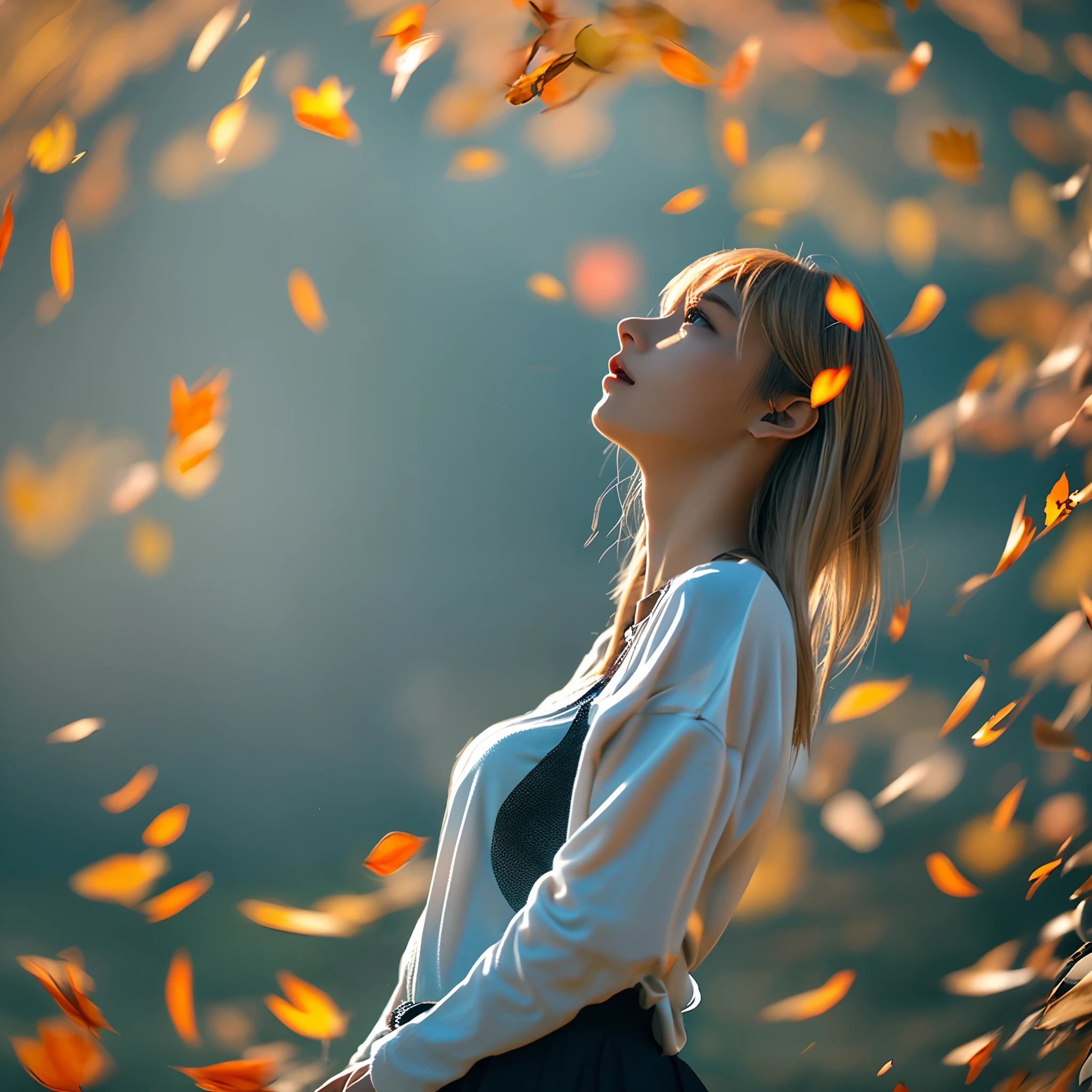 (High Detail:1.2)Anime Girl,minimal clothing,whiplash curves,blonde hair,36D big cup,(Cinematic Lighting,Delicate Colors),(Falling Leaves:1.2), Calm Lighting, Wind, Fog