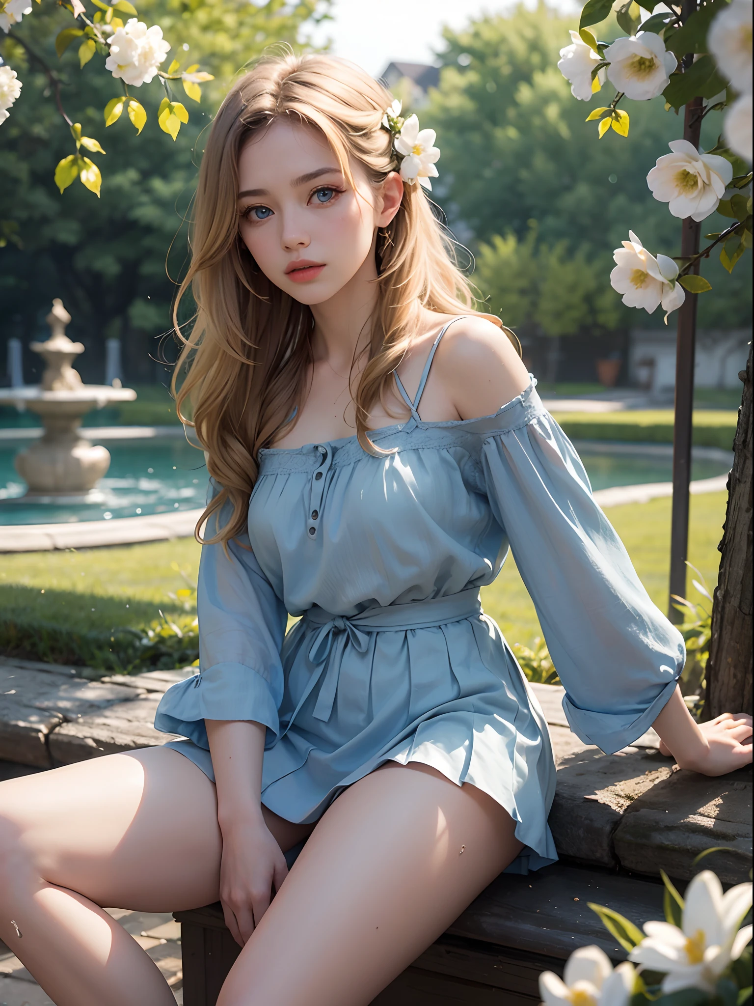 Unbeatable masterpiece, Ultra photo realsisim , Perfect artwork , Intricate details , Best quality , Strong light , High contrast , Dynamic pose , Dutch angle , ((Depth of field:1.8)) ,1 girl , Long hair , Solo , Blue eyes , serafuku , hair flower , Blonde hair , longer sleeves , pleated , Clear eyes , Bare legs , view the viewer , Depth of field ,Sunlight , bloom effect , Flowers , landscape , Village , Sitting , Hair tie water