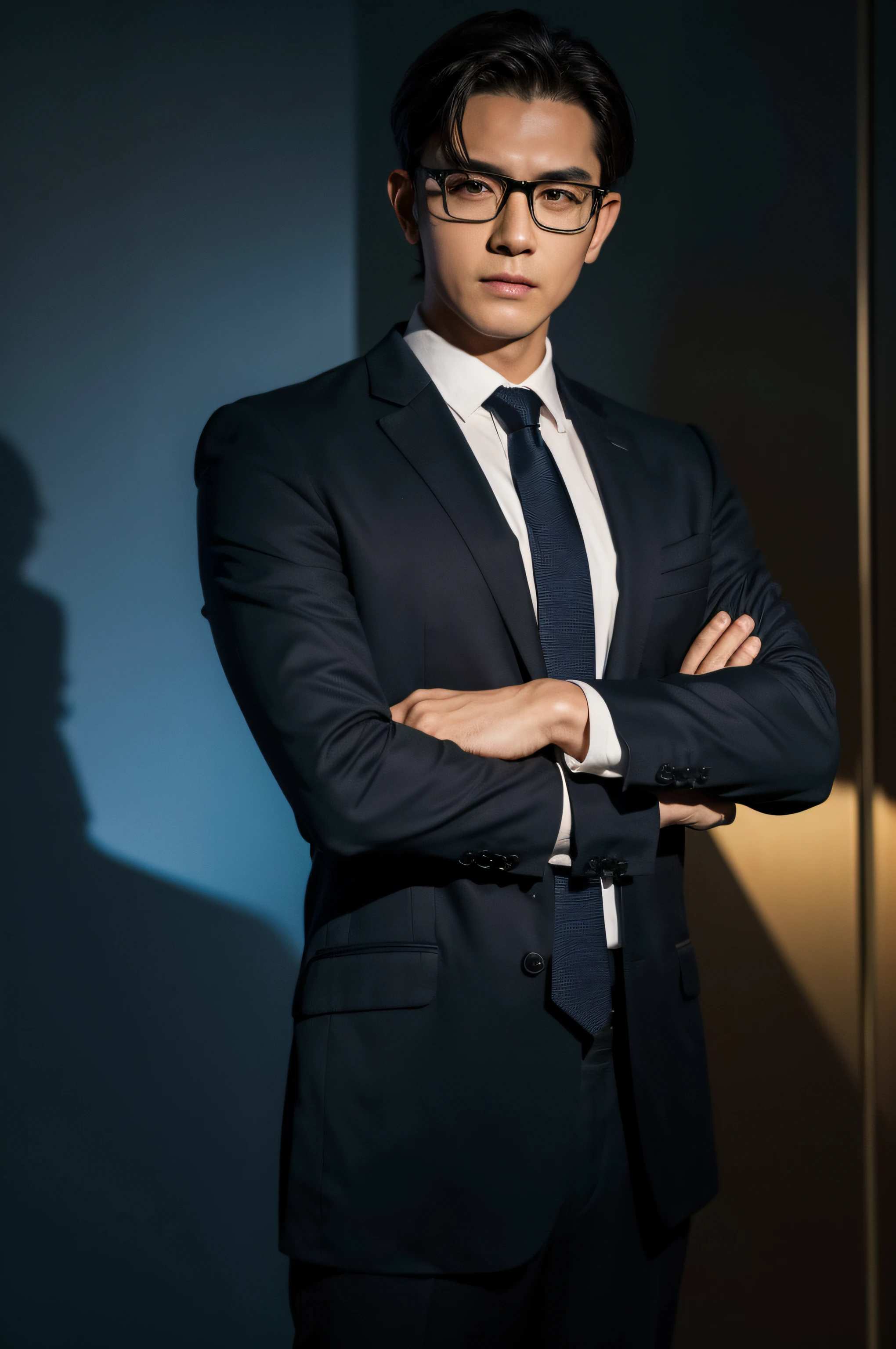 man,businessman,dark background,elegant,(best quality,highres),(realistic,photorealistic),professional,sharp focus,vivid colors,studio lighting,polished appearance,suit,glasses,tie,confident posture,hand gesture,serious expression,masculine features,refined details,subtle shadows, detailed face, 8k, suit, brown eyes, tie, crossed arms