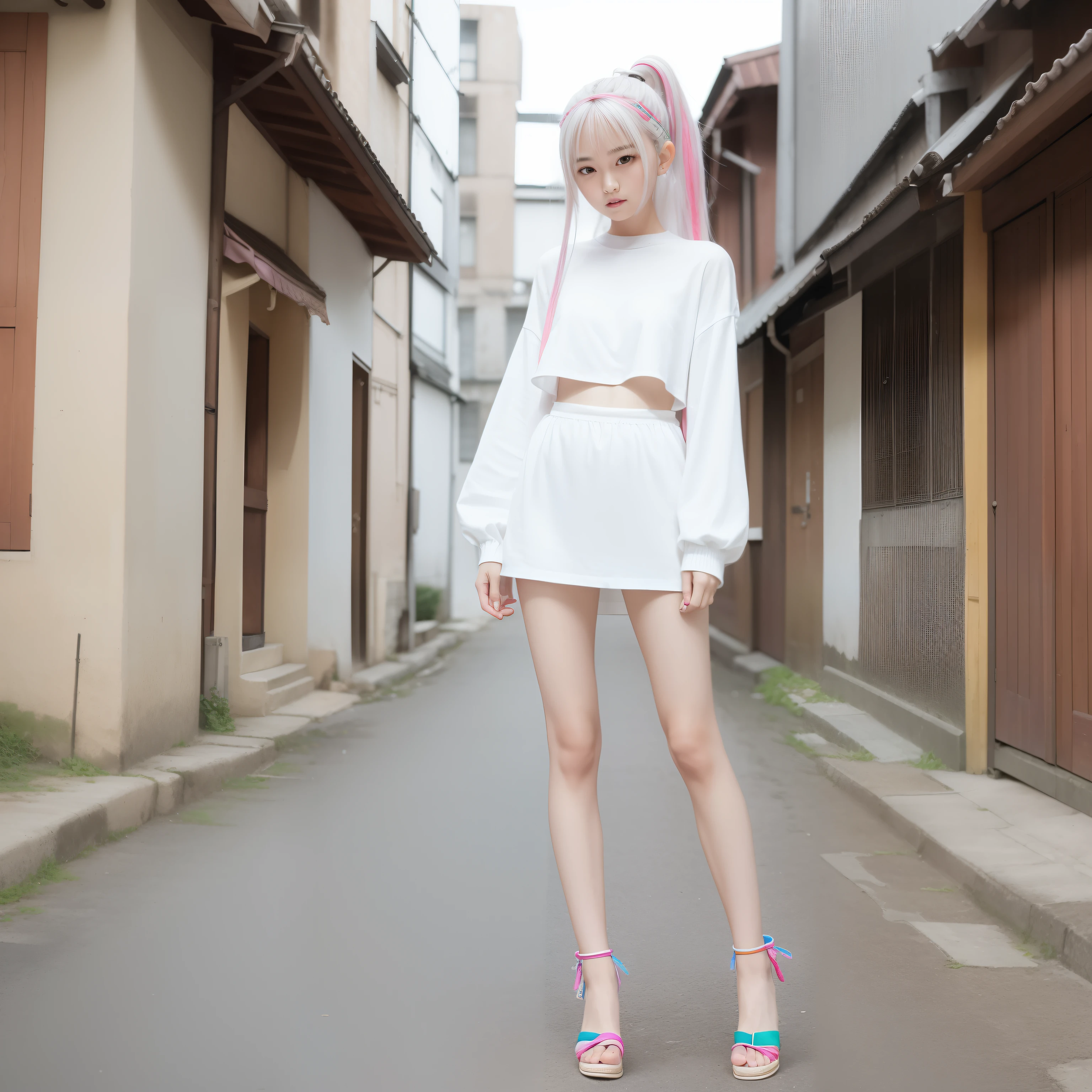 20 years girl,masutepiece , Best Quality,Nahida(GenshinImpact) ,very slender body,tiny chest,Skinny Legs,Long hair ,Side Ponytail, Hair Ornament ,Street, White hair , White hair , hand behind head:1.5,multicolored hair, elf ,Skinny Legs,smil,Tsundere,
