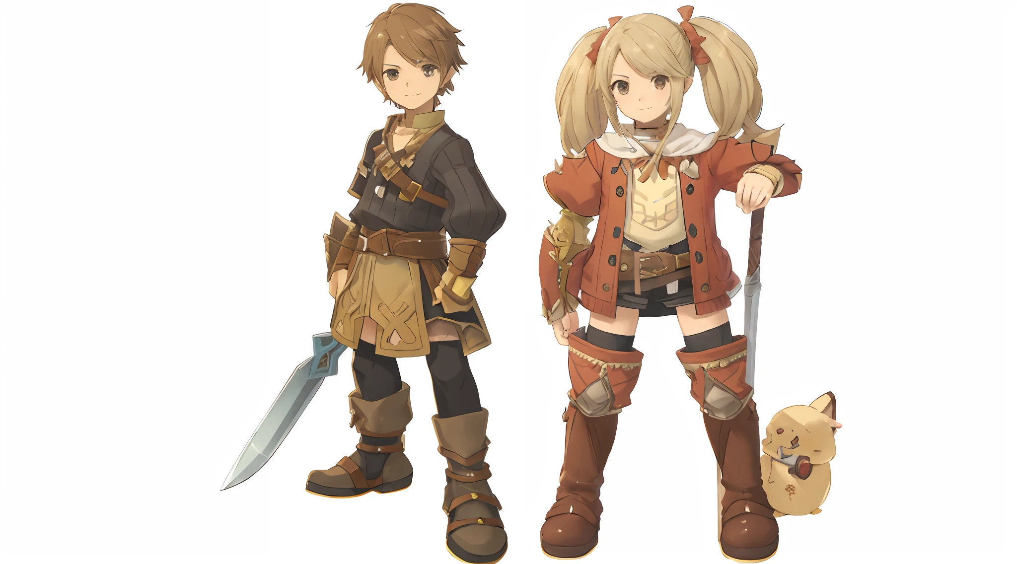 personagens de anime vestidos com diferentes roupas e segurando espadas, Arte do personagem JRPG, medium shot of two characters, final fantasy tactics character, Ragnarok Online, Personagem JRPG, jrpg moda, Final Fantasy 1 2 estilo, art style of rune factory 5, roupas de rpg da moda, De Xenoblade Chronicles, Lalafell, em armadura monster hunter, Arte do personagem RPG