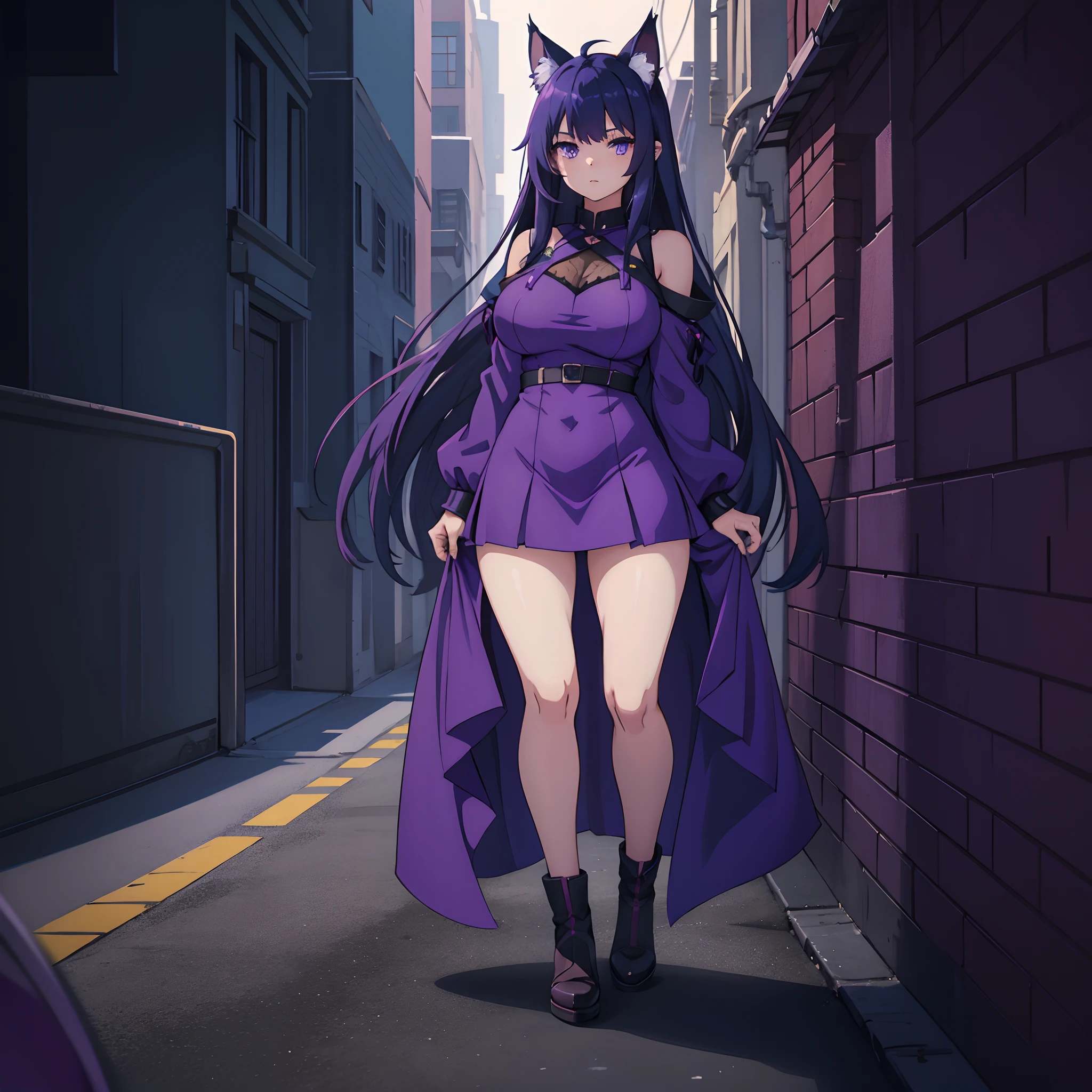 1girl, solo, Anime girl, long dark blue hair, Maine coon ears, full body shot, large breasts, big ass, revealing purple dress, short dress, tight clothes, blue and purple gradient eyes, standing