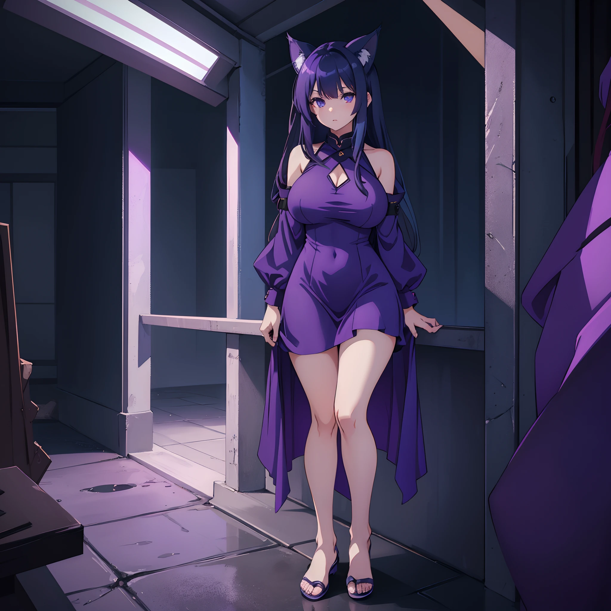 1girl, solo, Anime girl, long dark blue hair, Maine coon ears, full body shot, large breasts, big ass, revealing purple dress, short dress, tight clothes, blue and purple gradient eyes, standing