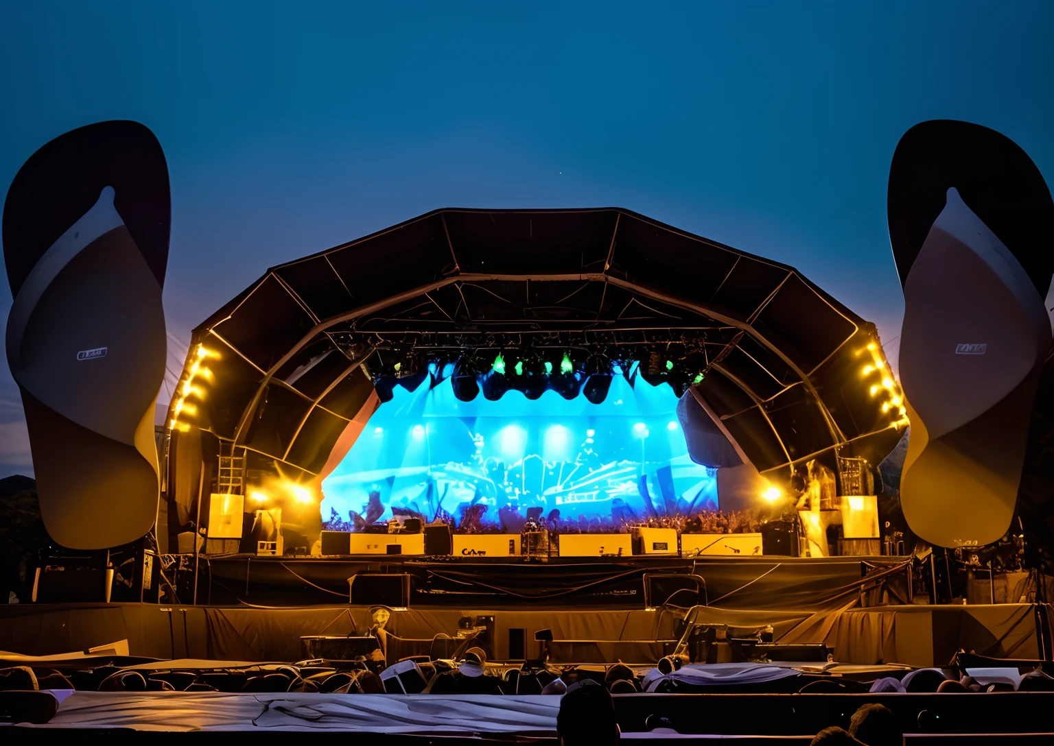 There are two flip-flops on the stage of a concert, Palco coberto ao ar livre, palco, um palco de festival ao ar livre, no palco de concertos de rock, clip stadio, Palco vazio, no palco, Directed by: Giorgio Cavallon, big head on stage, fotografia de palco, Pablo Oliveira, no palco, em um palco, marquise, stage lighrt, festival, Nick Silva