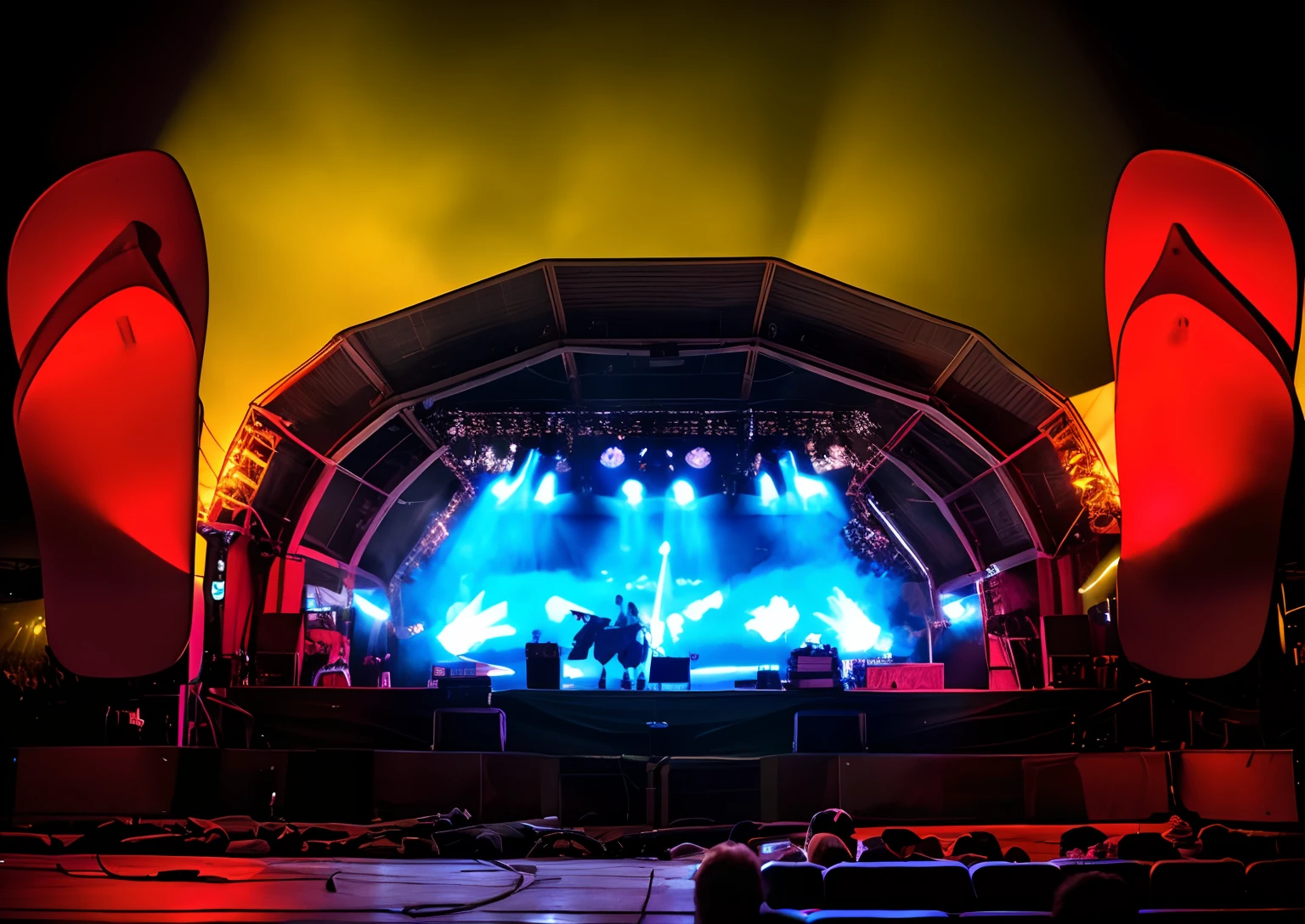 There are two flip-flops on the stage of a concert, Palco coberto ao ar livre, palco, um palco de festival ao ar livre, no palco de concertos de rock, clip stadio, Palco vazio, no palco, Directed by: Giorgio Cavallon, big head on stage, fotografia de palco, Pablo Oliveira, no palco, em um palco, marquise, stage lighrt, festival, Nick Silva