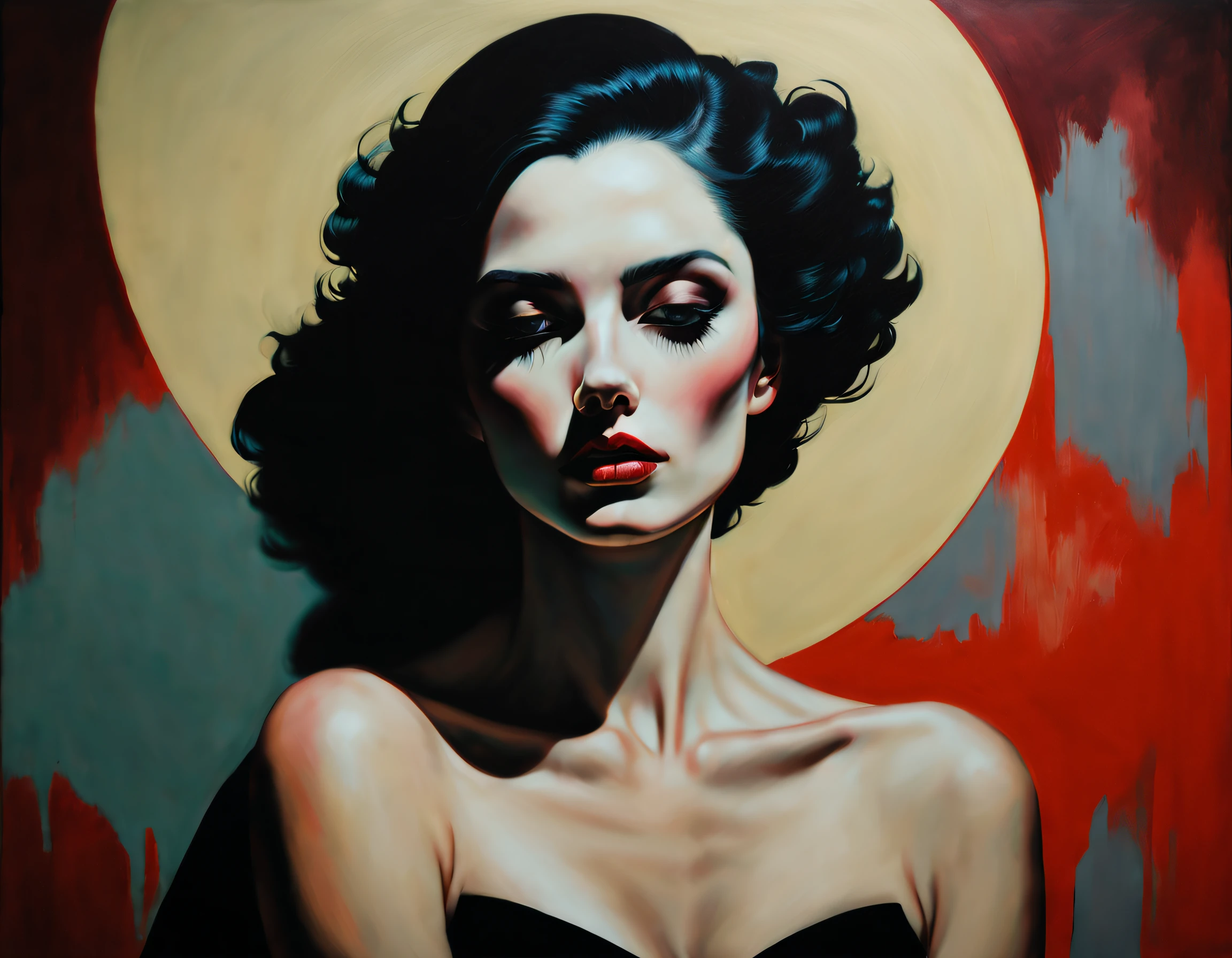 chiaroscuro technique on sensual illustration of an elegant 1980s woman, vintage beauty, eerie, thick oil painting, by Hannah Dale, by Harumi Hironaka, extremely soft colors, vibrant, highly detailed, malcolm liepke painting, oil on canvas, high contrast, dramatic, refined, tonal, Create high contrast between light and shadow