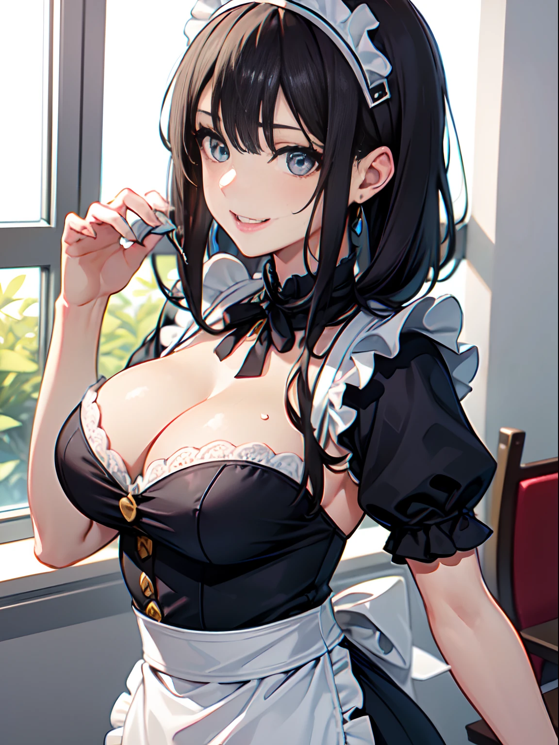 masutepiece, 1 girl per 1 photo, upperbody shot, front-facing view, a Japanese young pretty woman, Wearing a cute maid costume in short-sleeved satin silky black、With a big smile in the café, Wearing a white ruffled headband, Apron with white ruffles, Glamorous figure, hyper cute face, Glossy lips, Sweaty body, Double eyelids in both eyes, Natural makeup, long eyelashes, long bob hair shiny smooth black hair, asymmetrical bangs, Tanned skin, central image, 8K resolution, high detailing, detailed hairstyle, Detailed face, spectacular movie lighting, Octane Rendering, Vibrant, Hyper realistic, Perfect limbs, Perfect Anatomy, Evil smile