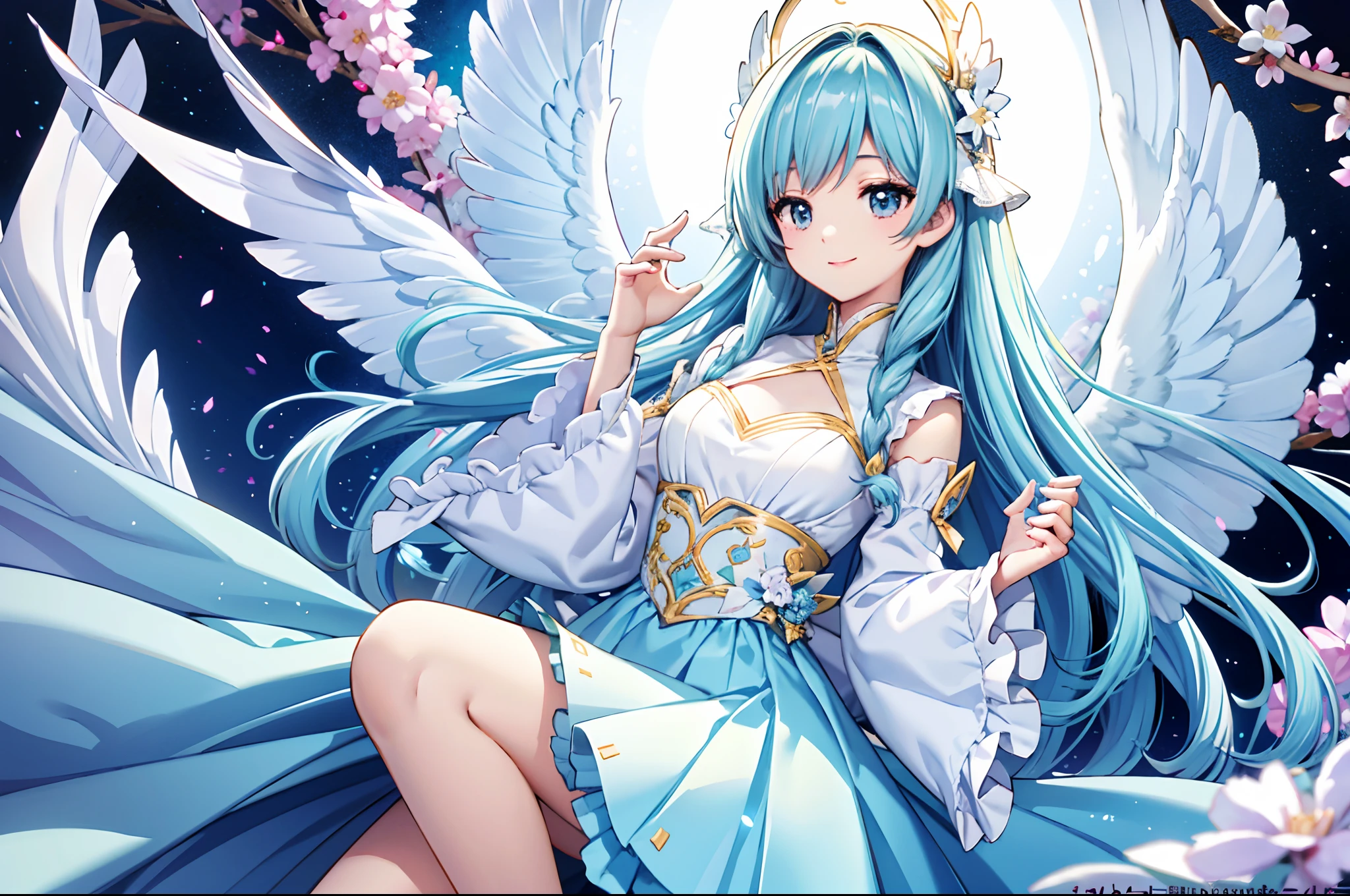 (​masterpiece、top-quality、top-quality、Official art、Beautifully Aesthetic:1.2)、(1girl in:1.3)Light blue long hair、Twin-tailed、adorable smiling、ighly detailed、(Fractal Art:1.1)、(colourfull:1.1)(florals:1.3)、highestdetailed、(Zentangle:1.2)、(dynamicposes)、(Abstract background:1.3)、(shinny skin)、(Many colors:1.4)、、(耳Nipple Ring)、(pluma:1.5)、White background、Phoenix dress、