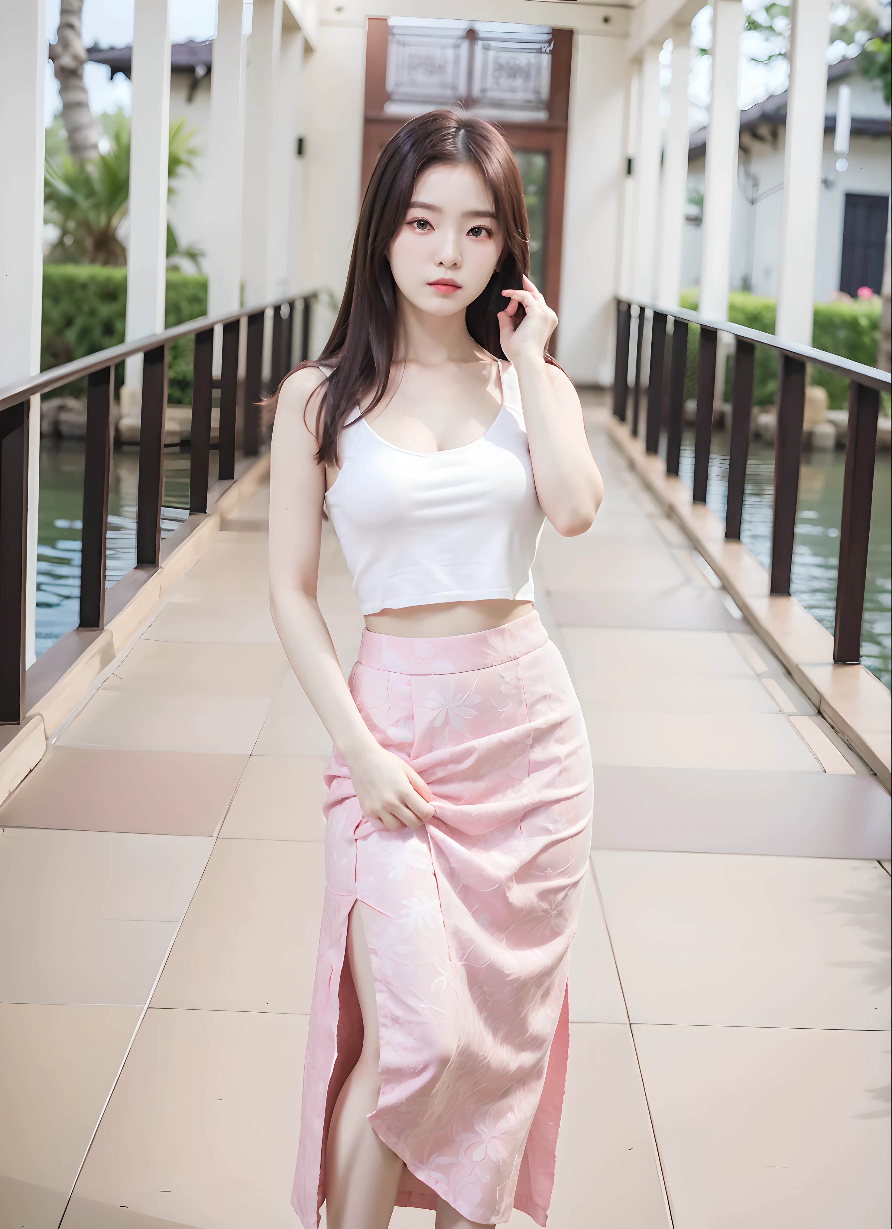 arafed woman in a skirt and white top posing for a picture, a young asian woman, south east asian with long, in style of thawan duchanee, with beautiful exotic, casual pose, nivanh chanthara, dressed in long fluent skirt, young asian girl, mai anh tran, young asian woman, an asian woman, large breasts