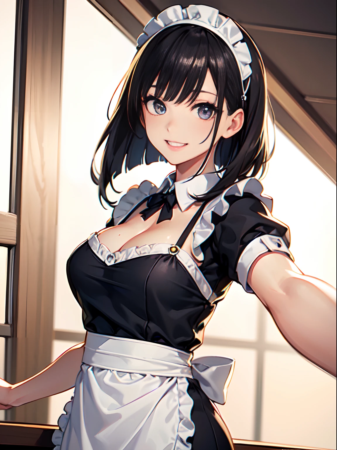 masutepiece, 1 girl per 1 photo, upperbody shot, front-facing view, a Japanese young pretty woman, Wearing a cute maid costume in short-sleeved satin silky black、With a big smile in the café, Wearing a white ruffled headband, Apron with white ruffles, Glamorous figure, hyper cute face, Glossy lips, Sweaty body, Double eyelids in both eyes, Natural makeup, long eyelashes, long bob hair shiny smooth black hair, asymmetrical bangs, Tanned skin, central image, 8K resolution, high detailing, detailed hairstyle, Detailed face, spectacular movie lighting, Octane Rendering, Vibrant, Hyper realistic, Perfect limbs, Perfect Anatomy, Evil smile
