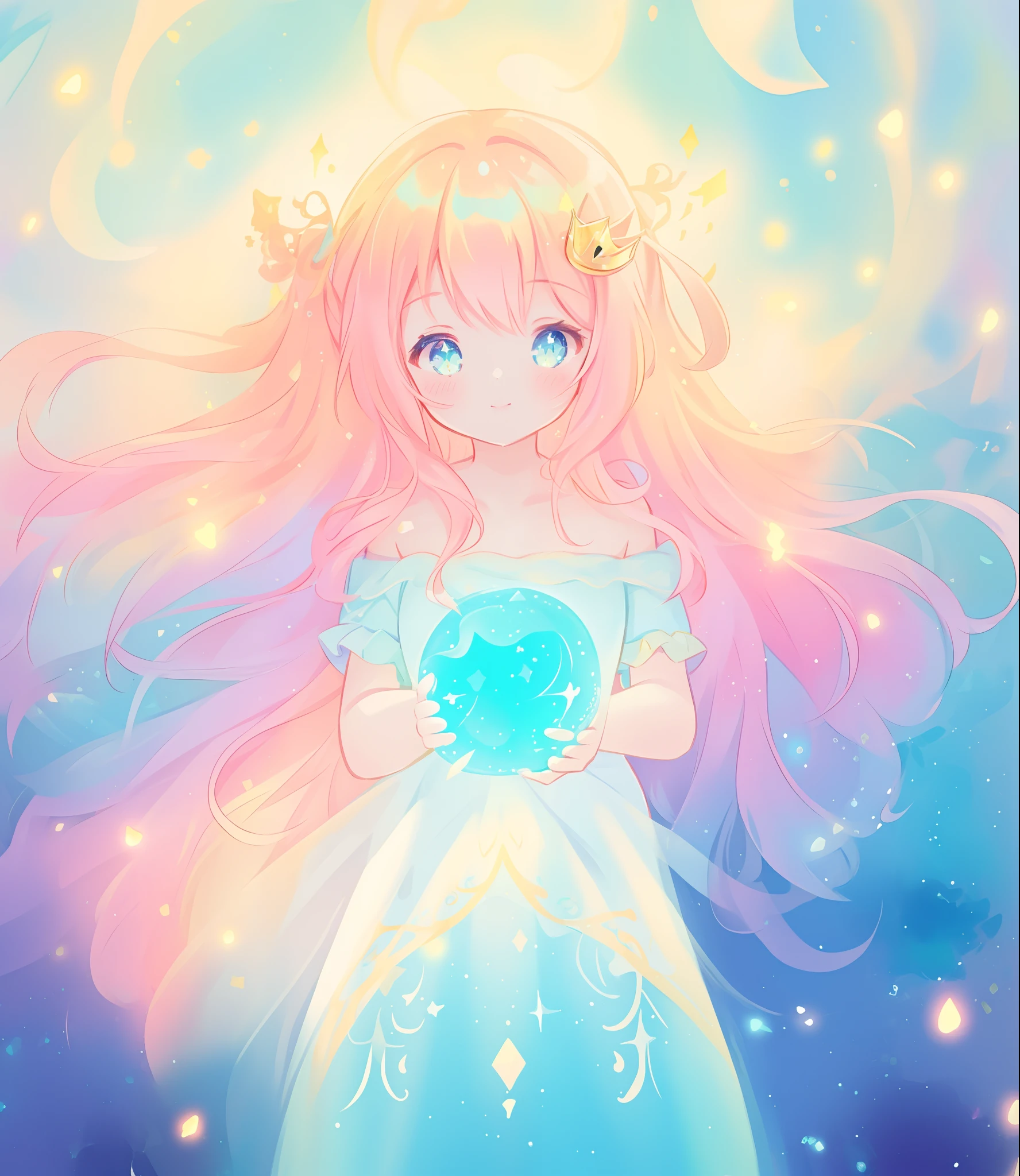 beautiful girl, puffy tiered princess ballgown, vibrant pastel colors, (colorful), glowing golden long hair, magical lights, sparkling magical liquid, inspired by Glen Keane, inspired by Lois van Baarle, disney art style, by Lois van Baarle, glowing aura around her, by Glen Keane, jen bartel, glowing lights! digital painting, flowing glowing hair, glowing flowing hair, beautiful digital illustration, fantasia background, whimsical, magical, fantasy, ((beautiful face)), ((masterpiece, best quality)), intricate details, highly detailed, sharp focus, 8k resolution, sparkling detailed eyes, liquid watercolor