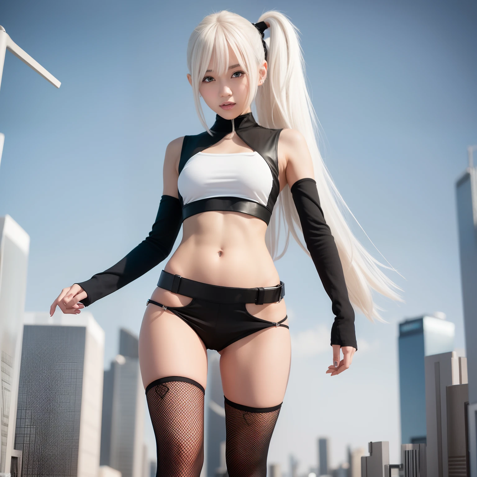 A world of only white, black and gray(futuristic cities),20 years girl,masutepiece , Best Quality,Nahida(GenshinImpact) ,very slender body,tiny chest,Skinny Legs,Long hair ,Side Ponytail, Hair Ornament ,Street, White hair , White hair , hand behind head:1.5,multicolored hair, elf ,Skinny Legs,smil,Tsundere,