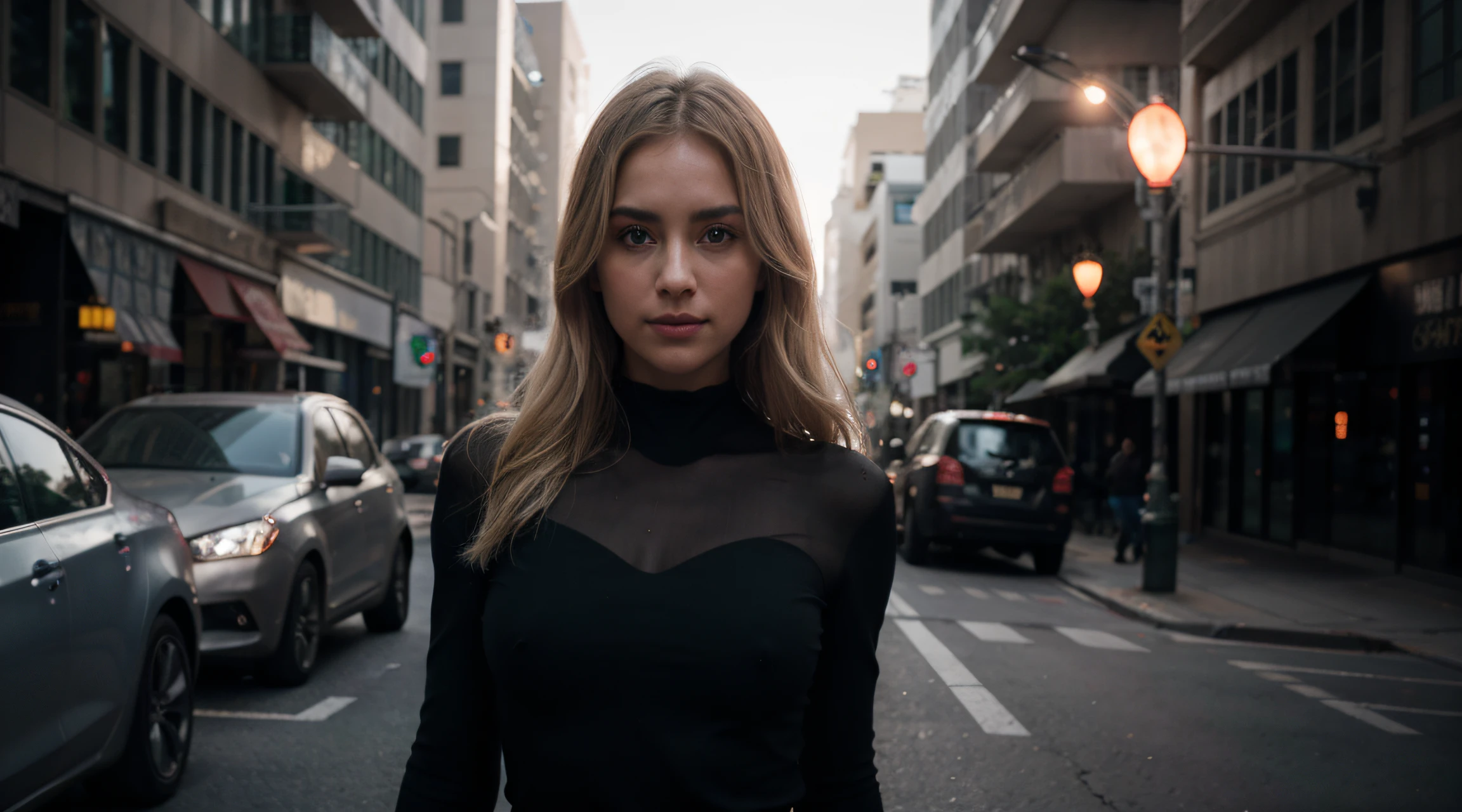 young woman looking at the camera,full lips, brown eyey, blonde, black sweatshirt, city, bright sunset