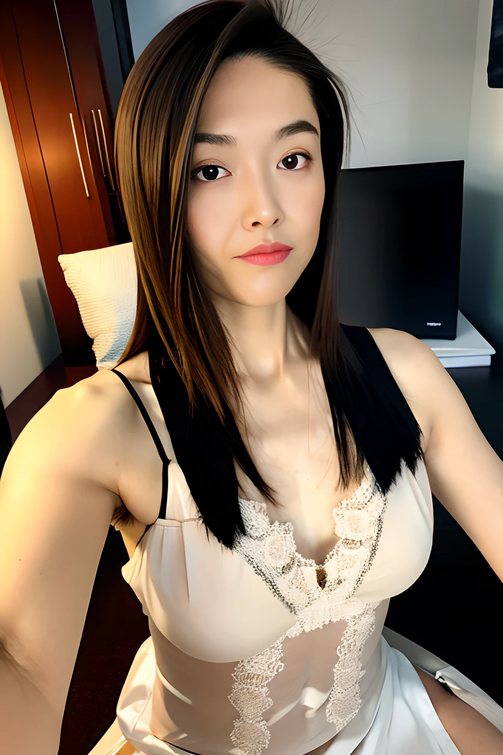 instagram selfie of 20 years old girl, negligee, straight medium lenght hair, sitting on bed, upper body, brown hair, white dress, see-through,small sagging breasts masterpiece, taking selfies, best quality, highly detailed