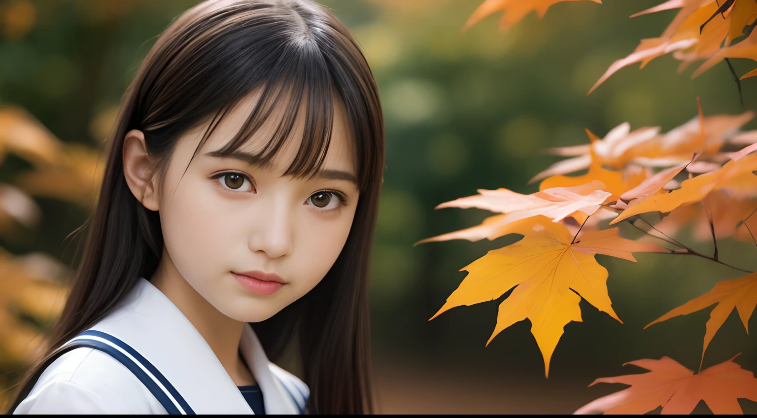 masutepiece, Best Quality, 8K, sixteen years old, Teen, Raw photo, absurderes, award winning portrait, ssmile, Solo,  Idol face, violaceaess, gardeniass, Delicate girl, Upper body, Digital SLR, Looking at Viewer, Candid, Sophisticated, zora々Right, Thin arms, Professional Lighting, Film grain, chromatic abberation, (Eyes and faces with detailed:1.0), (Bokeh:1.1), Japanese high school  girl、White Sailor School Uniform:1.2、Navy blue pleated skirt, Beautiful autumn scenery、Autumn leaves、