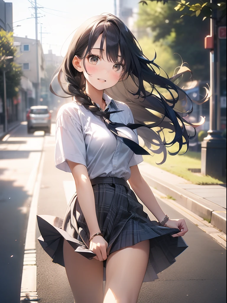 in 8K、top-quality、masterpiece、ultra-detailliert、Ultra-high resolution、((1 persons))、girl with、校服、Braided hair、makeups、plaid skirts、heavy wind、((((Flip the skirt))))