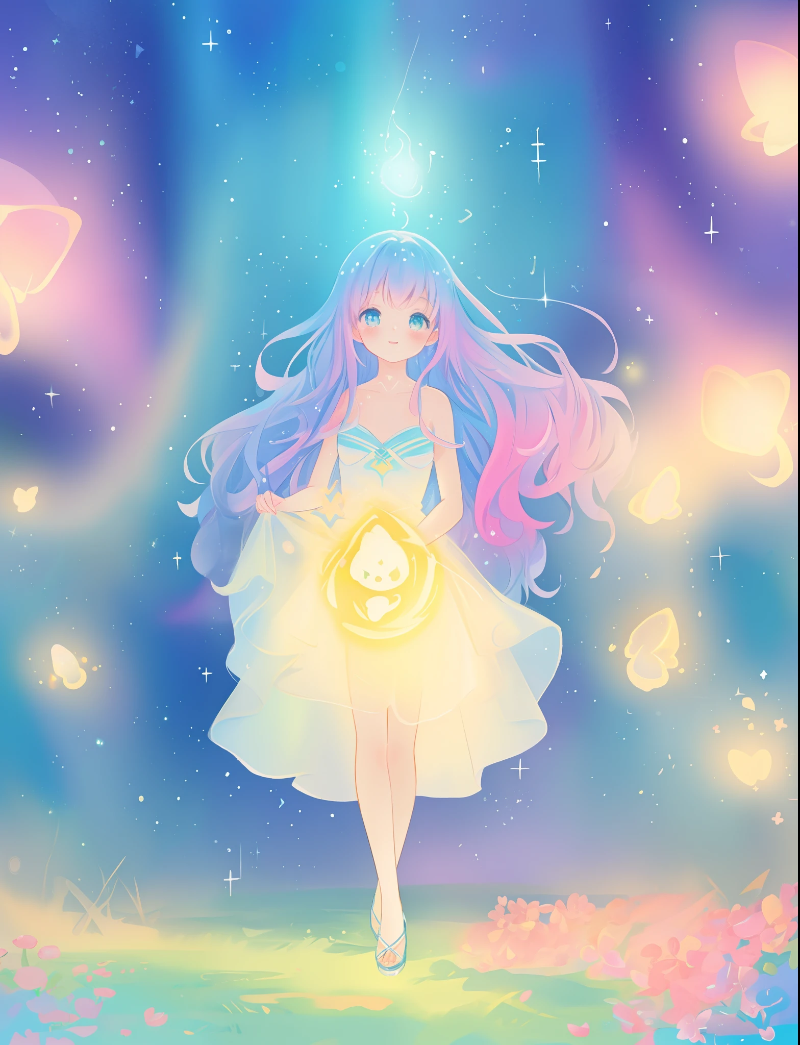 beautiful girl, puffy tiered ballgown, vibrant pastel colors, otherworldly landscape, (colorful), glowing golden long hair, magical lights, sparkling magical liquid, inspired by Glen Keane, inspired by Lois van Baarle, disney art style, by Lois van Baarle, glowing aura around her, by Glen Keane, jen bartel, glowing lights! digital painting, flowing glowing hair, glowing flowing hair, beautiful digital illustration, fantasia background, whimsical, magical, fantasy, ((beautiful face)), ((masterpiece, best quality)), intricate details, highly detailed, sharp focus, 8k resolution, sparkling detailed eyes, liquid watercolor