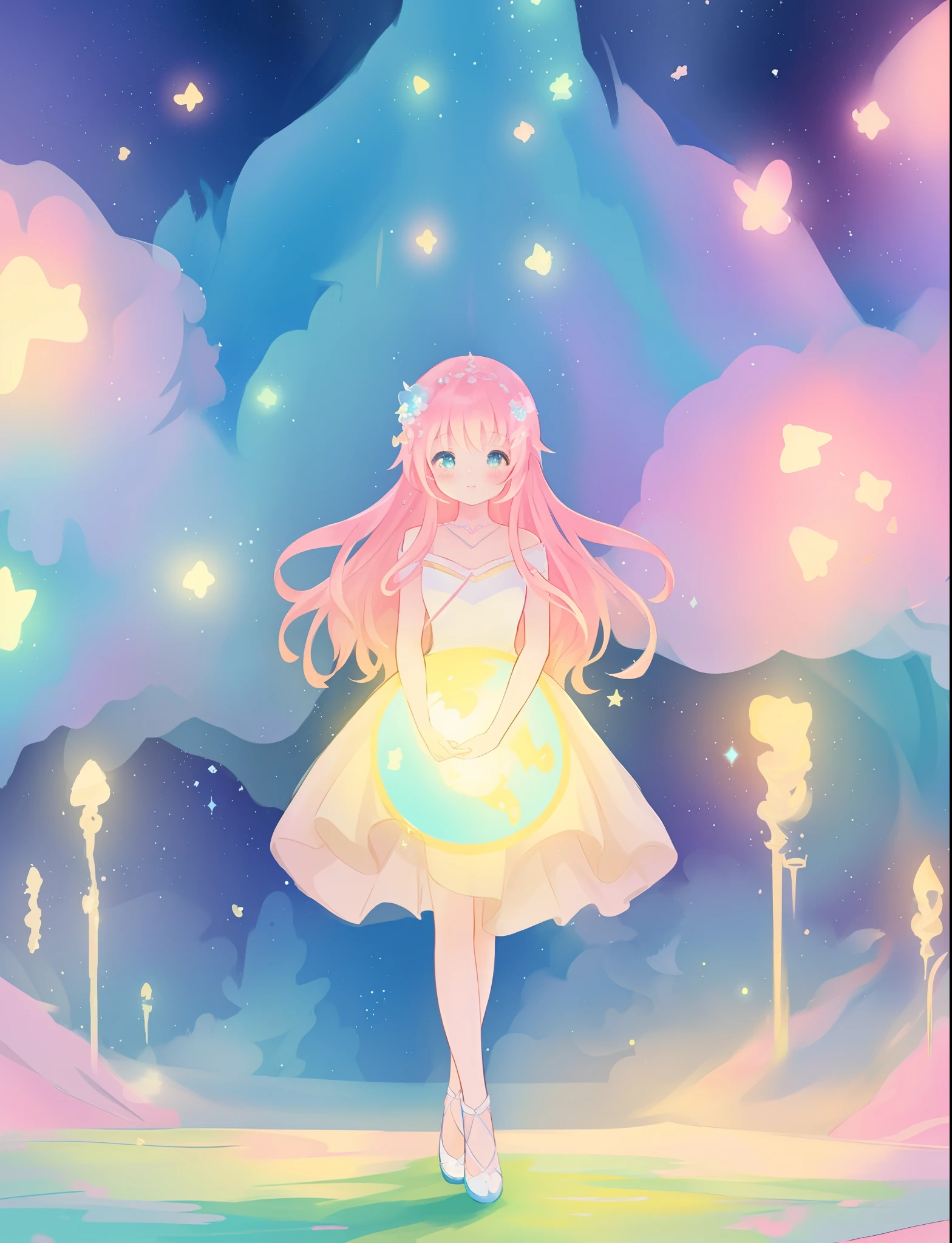 beautiful girl, puffy tiered ballgown, vibrant pastel colors, otherworldly landscape, (colorful), glowing golden long hair, magical lights, sparkling magical liquid, inspired by Glen Keane, inspired by Lois van Baarle, disney art style, by Lois van Baarle, glowing aura around her, by Glen Keane, jen bartel, glowing lights! digital painting, flowing glowing hair, glowing flowing hair, beautiful digital illustration, fantasia background, whimsical, magical, fantasy, ((beautiful face)), ((masterpiece, best quality)), intricate details, highly detailed, sharp focus, 8k resolution, sparkling detailed eyes, liquid watercolor