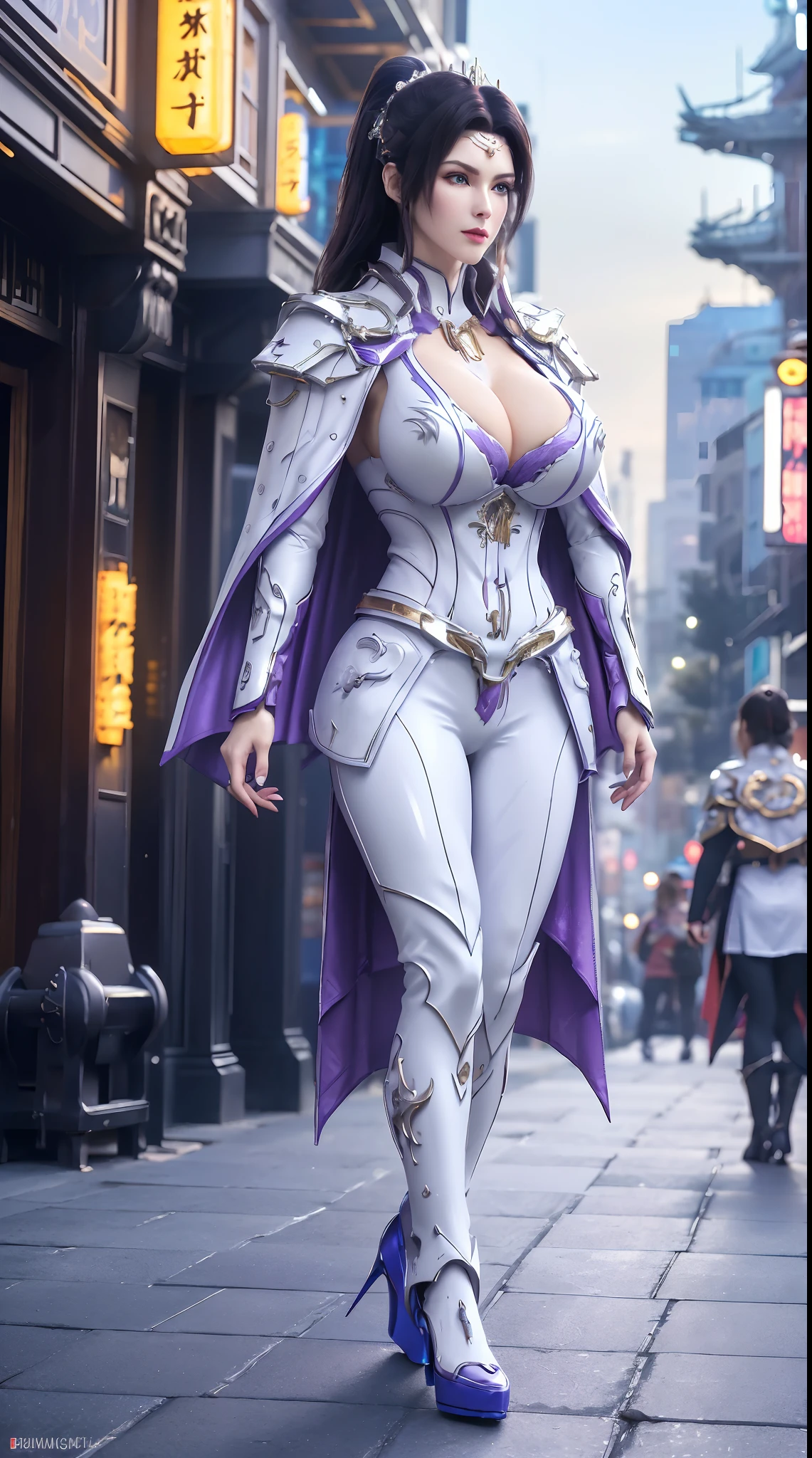 1GIRL, SOLO, (makeup, beautifull eyes, red libs, black ponytail hair, gold ornament hair), (BUSTY HUGE FAKE BOOBS:1.3), (GUARD ARM, GLOVE), IMMORTAL, (white, purple, blue, FUTURISTIC DRAGON MECHA ARMOR SUIT, ROYAL CAPE, CLEAVAGE, SKINTIGHT YOGA PANTS, HIGH HEELS:1.5), (MUSCULAR BODY, SEXY LONG LEGS, FULL BODY:1.3), (FROM A FRONT PERSPECTIVE, LOOKING AT VIEWER:1), (WALKING ON STREET NIGHT CITY:1.3), PHYSICALLY-BASED RENDERING, ULTRA HIGHT DEFINITION, 8K, 1080P.