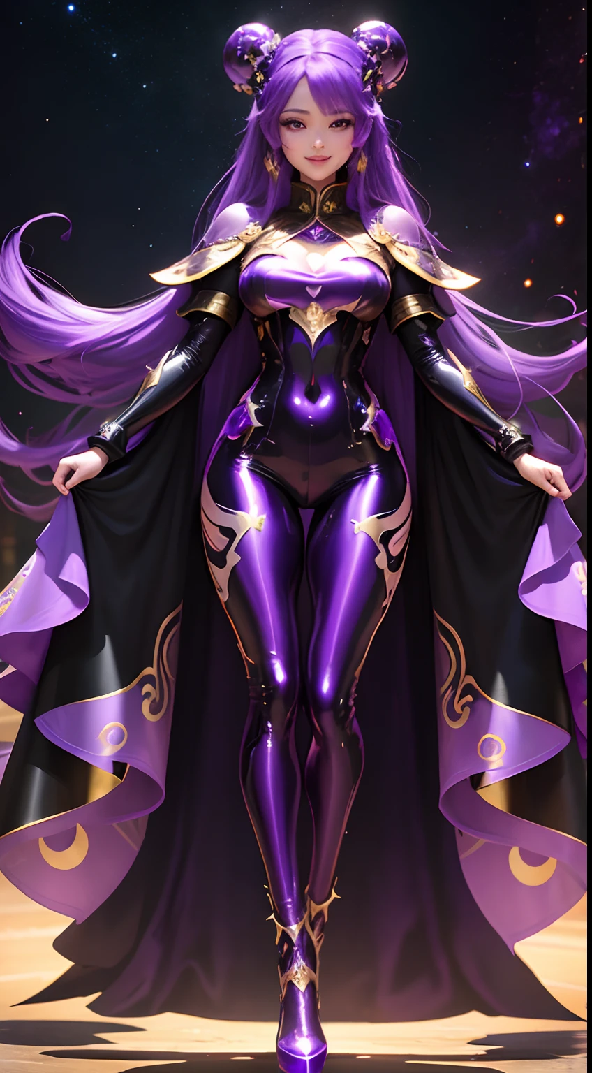 Best Quality,Black hole in the background,Empress of the universe ruling the galaxy,A triumphant smile,RPG Game Last Boss,Fluttering purple hair,((Glossy metallic purple full body bodysuit and leggings)),gorgeous costumes,Chinese Idol