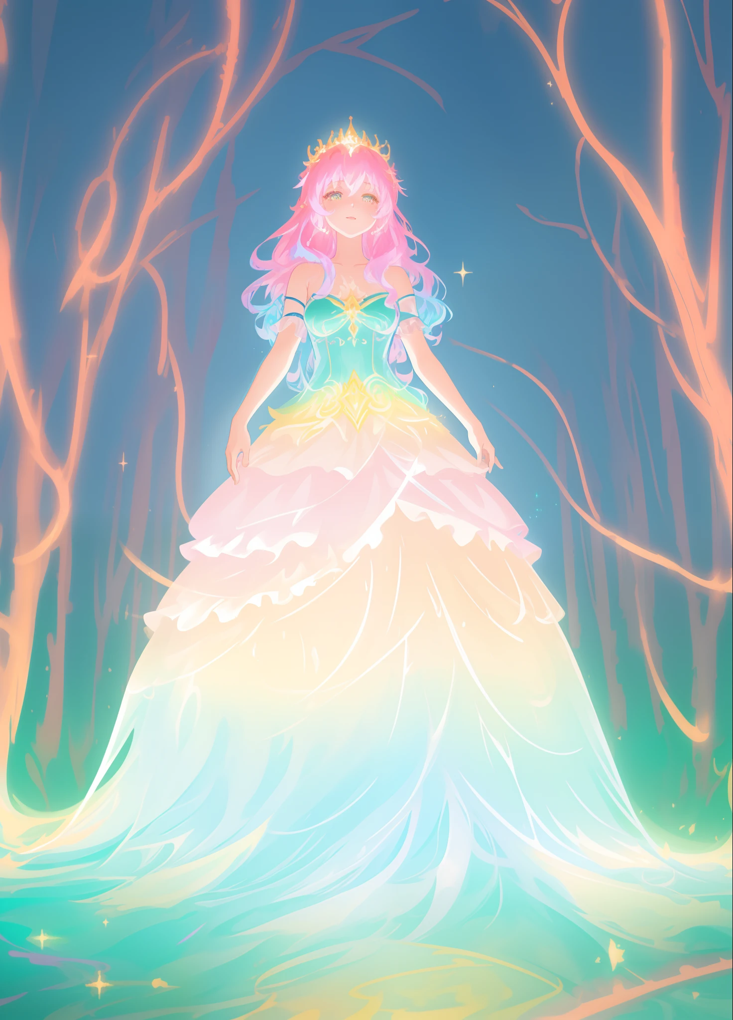 beautiful girl, puffy tiered layered ballgown, magical forest, vibrant pastel colors, (colorful), glowing golden long hair, magical lights, sparkling magical liquid, inspired by Glen Keane, inspired by Lois van Baarle, disney art style, by Lois van Baarle, glowing aura around her, by Glen Keane, jen bartel, glowing lights! digital painting, flowing glowing hair, glowing flowing hair, beautiful digital illustration, fantasia background, whimsical, magical, fantasy, ((beautiful face)), ((masterpiece, best quality)), intricate details, highly detailed, sharp focus, 8k resolution, sparkling detailed eyes, liquid watercolor