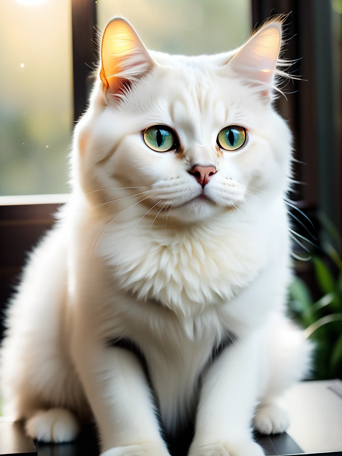 Close-up photo of a very cute pure white cat in the garden, Soft volumetric lamp, (The light from the back window is backlighted:1.3), (Cinematic:1.2), Intricate details, (art stations:1.3), Maine