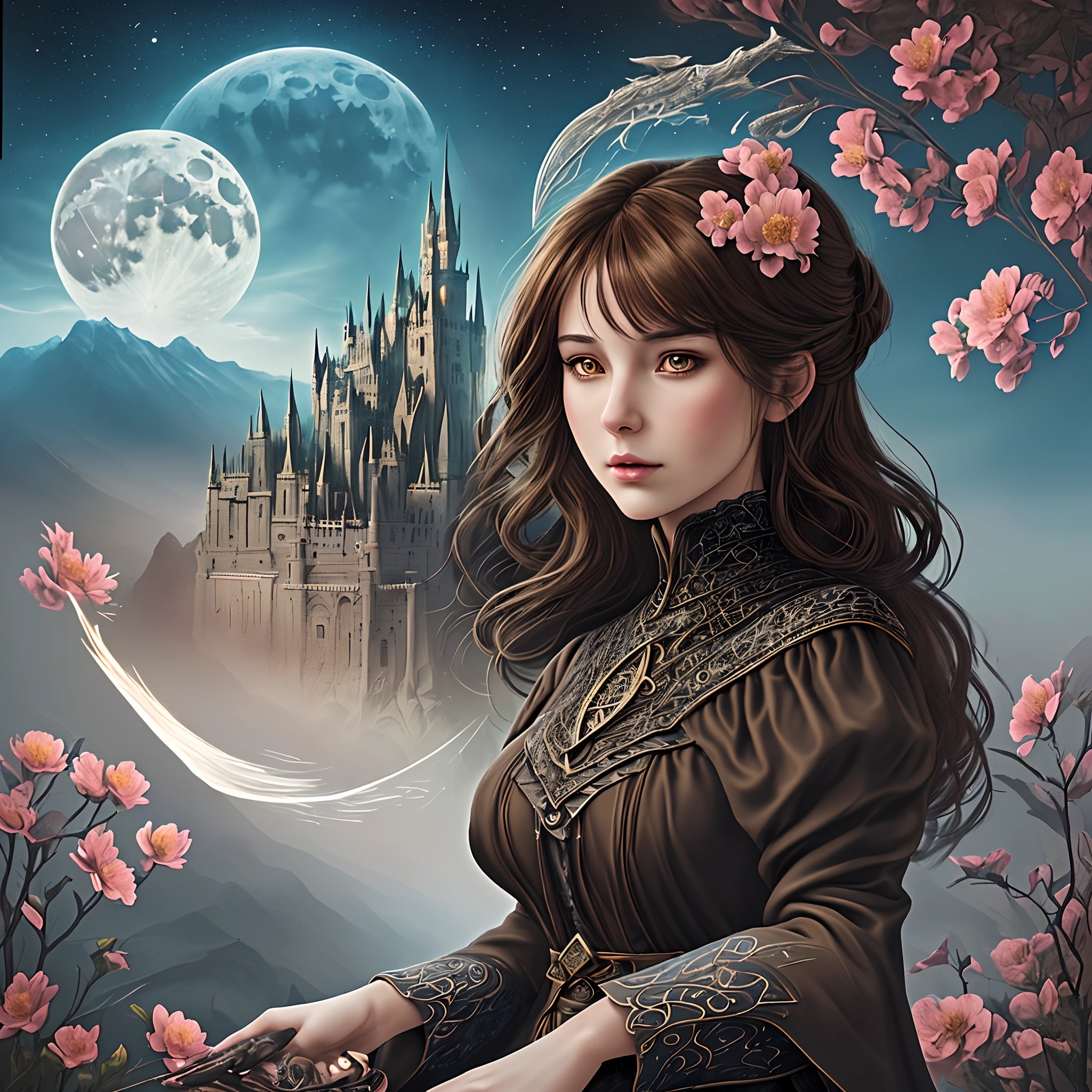 (masterpiece),(best quality), gorgeous 25 year old woman, illustration, (fantasy:1.4), witch, cute detailed digital art, beautiful face, brown hair, hair up, castle, mountain, dark color long dress, a moon, flowers , paper_cut