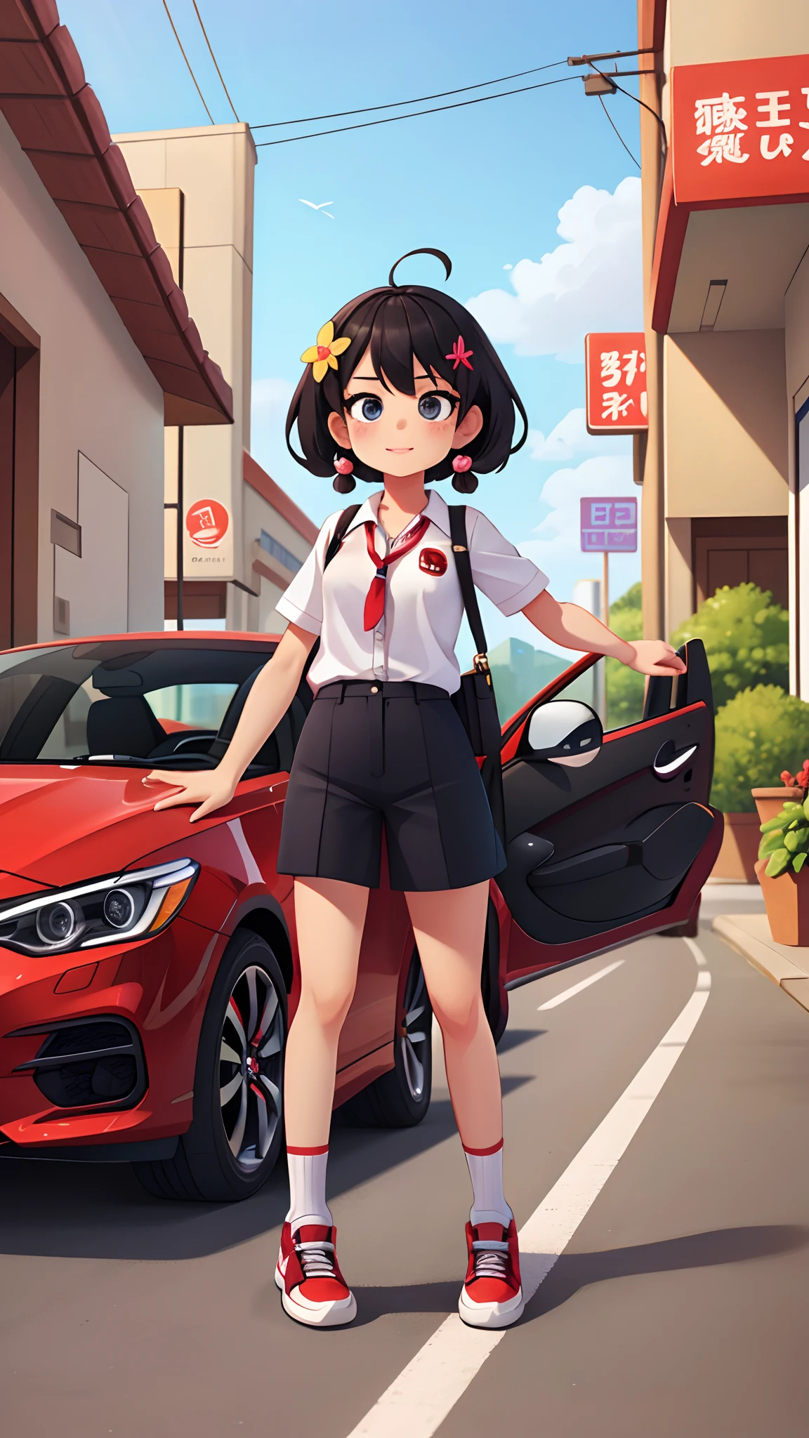 Octane Render、(Hyper-detailing: 1.15)、(Soft light、sharp: 1.2)、morning、 posing in front of colorful EV in parking lot on mountain, Traditional costumes、Distinctive ethnic hair ornaments、Characteristic ethnic shoes、 Fuji Film, F/4.0, masutepiece, Anatomically correct、A smile, radiant light