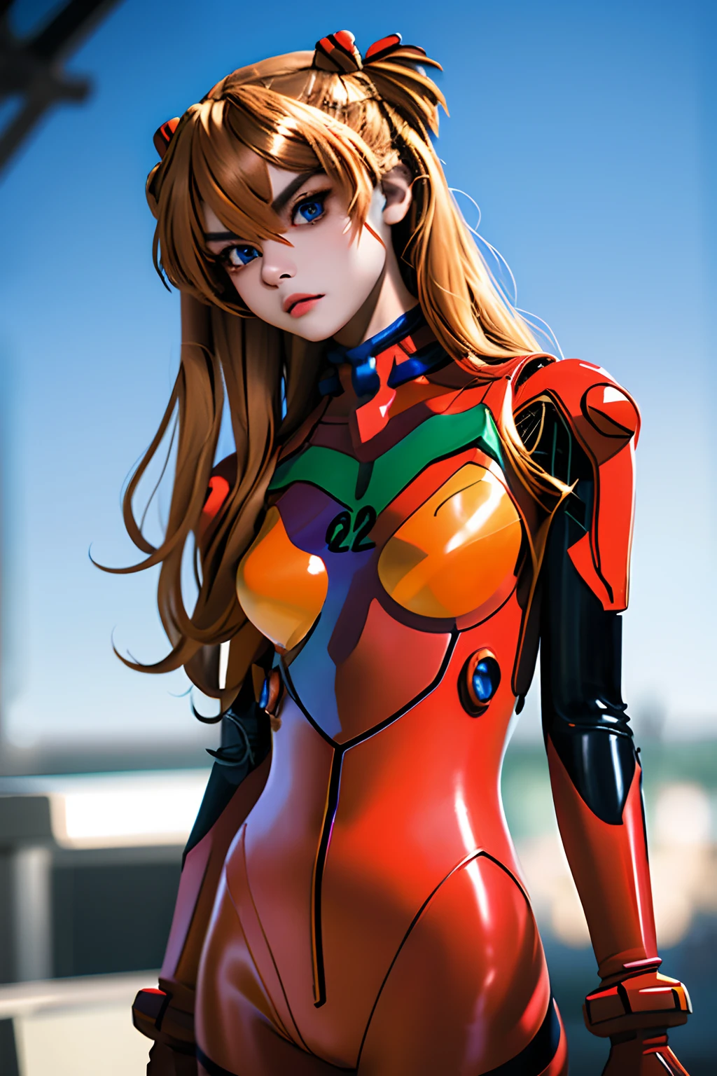 (Obra maestra, La mejor calidad), 1girl, Cara hermosa,  Disfraz de cosplay de Asuka, cosplay, traje de enchufe, bodysuit, adorno para el cabello,