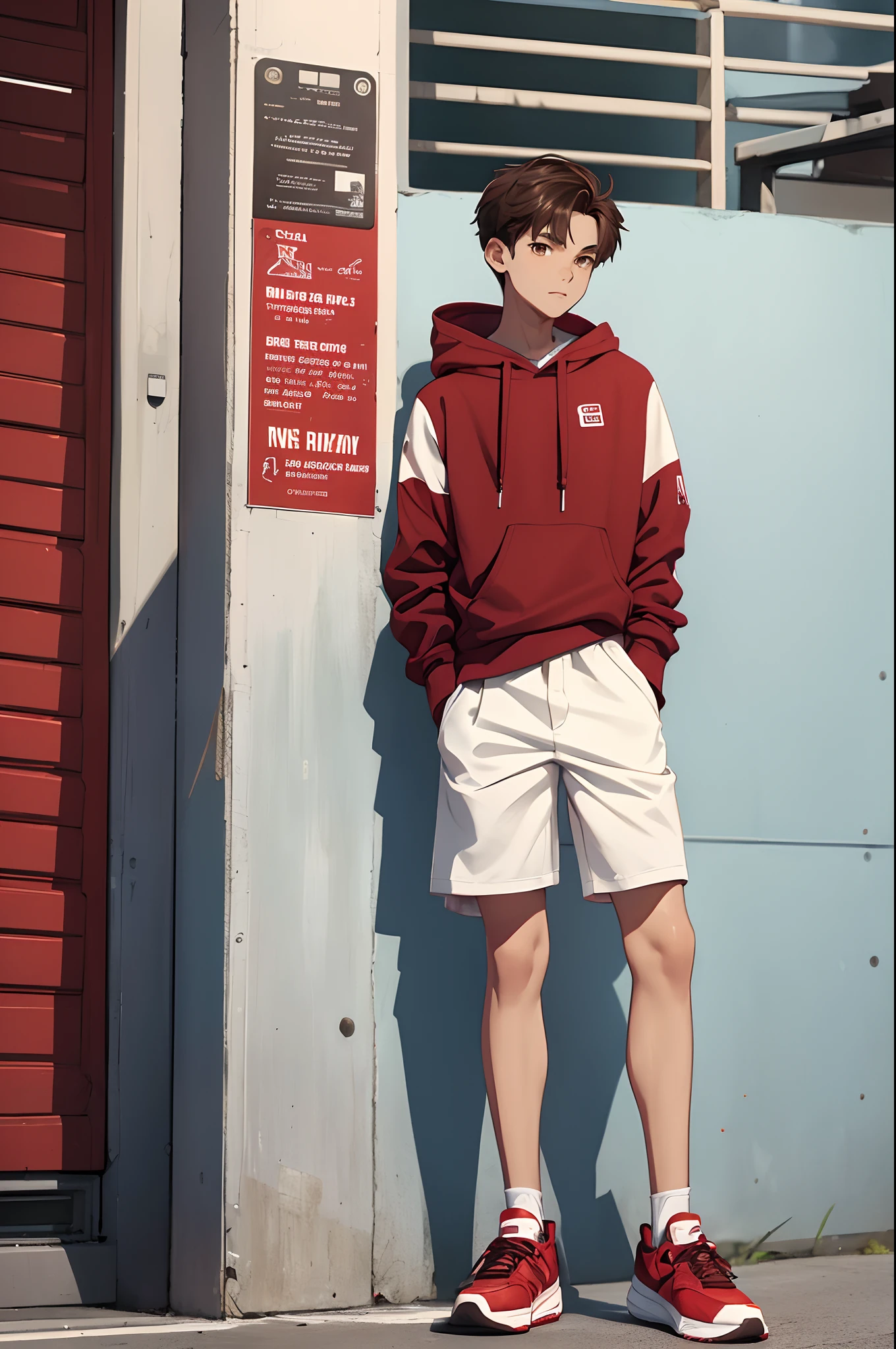 1boy, dark brown hair, brown eyes, casual wear, red and white sneakers, attractive, standing, 18 years old, cute, ((full body in view)), ((tall)), (4:1 ratio)