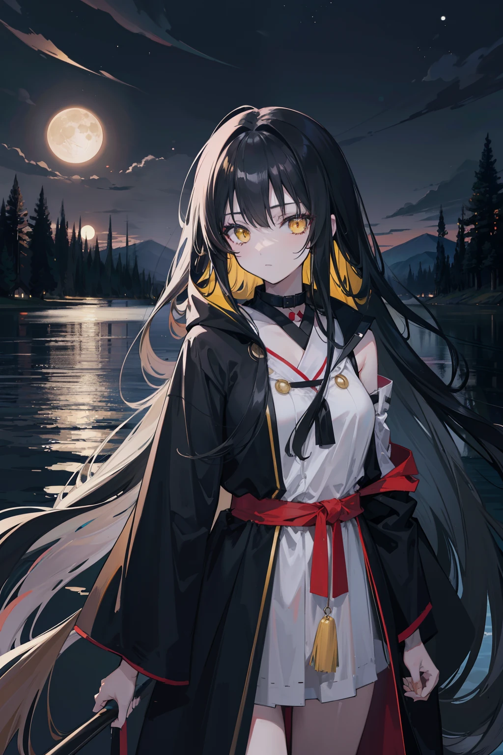 anime girl, long messy black hair, beautiful yellow eyes, wearing a long pitch black robe, sad expression, standing on a boat in the middle of a lake, under a very detailed moon, a dark sky, trees in the distance beside the lake, zoomed out, wallpaper, girl facing away from camera, 8k, high resolution