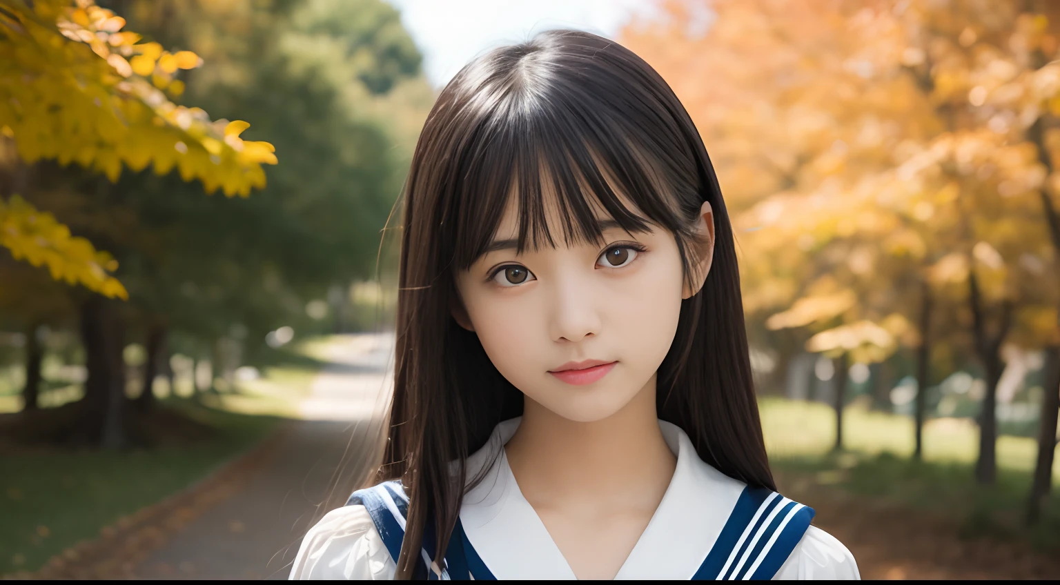 masutepiece, Best Quality, 8K, 10yaers old, Teen, Raw photo, absurderes, award winning portrait, Smile, Solo, (Night:1.8), Idol face, violaceaess, Delicate girl, Upper body, Digital SLR, Looking at Viewer, Candid, Sophisticated,Thin arms, Professional Lighting, Film grain, chromatic abberation, (Eyes and faces with detailed:1.0), (Bokeh:1.1) , (Sailor Uniform,pinafore:1.1) , closes mouth