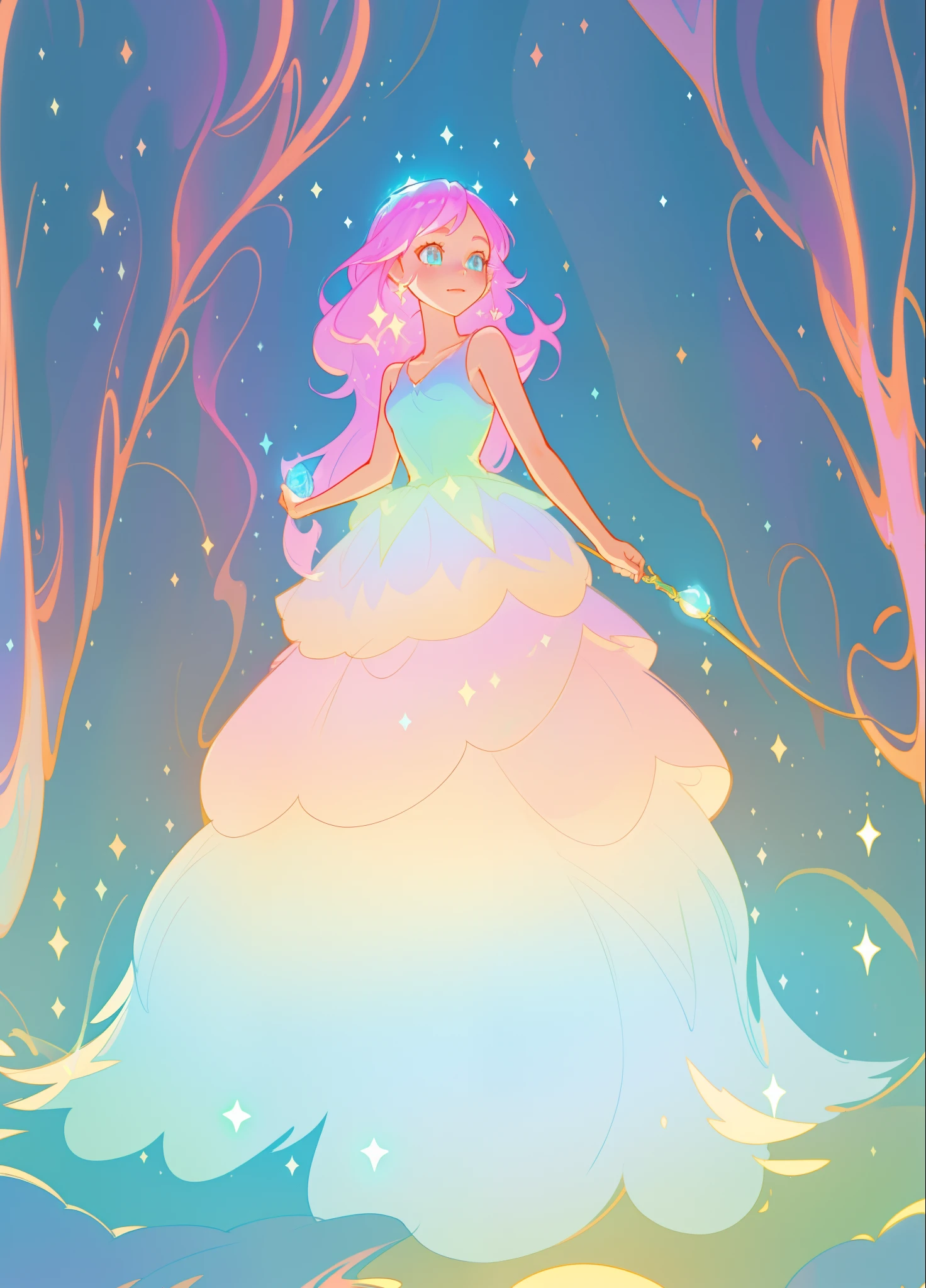 beautiful girl, puffy tiered layered ballgown, magical forest, vibrant pastel colors, (colorful), glowing golden long hair, magical lights, sparkling magical liquid, inspired by Glen Keane, inspired by Lois van Baarle, disney art style, by Lois van Baarle, glowing aura around her, by Glen Keane, jen bartel, glowing lights! digital painting, flowing glowing hair, glowing flowing hair, beautiful digital illustration, fantasia background, whimsical, magical, fantasy, ((beautiful face)), ((masterpiece, best quality)), intricate details, highly detailed, sharp focus, 8k resolution, sparkling detailed eyes, liquid watercolor