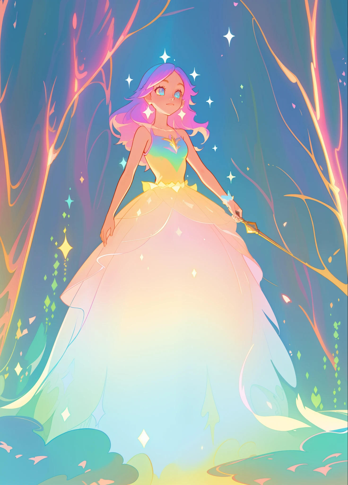 beautiful girl, puffy tiered layered ballgown, magical forest, vibrant pastel colors, (colorful), glowing golden long hair, magical lights, sparkling magical liquid, inspired by Glen Keane, inspired by Lois van Baarle, disney art style, by Lois van Baarle, glowing aura around her, by Glen Keane, jen bartel, glowing lights! digital painting, flowing glowing hair, glowing flowing hair, beautiful digital illustration, fantasia background, whimsical, magical, fantasy, ((beautiful face)), ((masterpiece, best quality)), intricate details, highly detailed, sharp focus, 8k resolution, sparkling detailed eyes, liquid watercolor