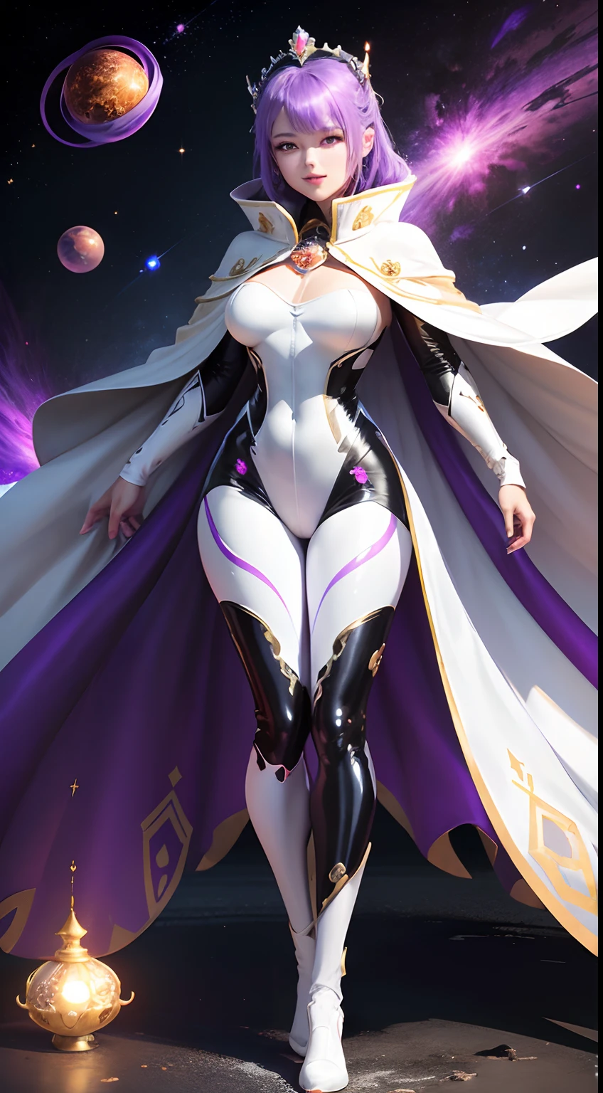 Best Quality,Black hole in the background,The Empress, who rules the black hole, floats in space,A triumphant smile,RPG Game Last Boss,Fluttering purple hair,((Shiny white full body suit with white leggings and cape)),gorgeous costumes,Beautiful in China