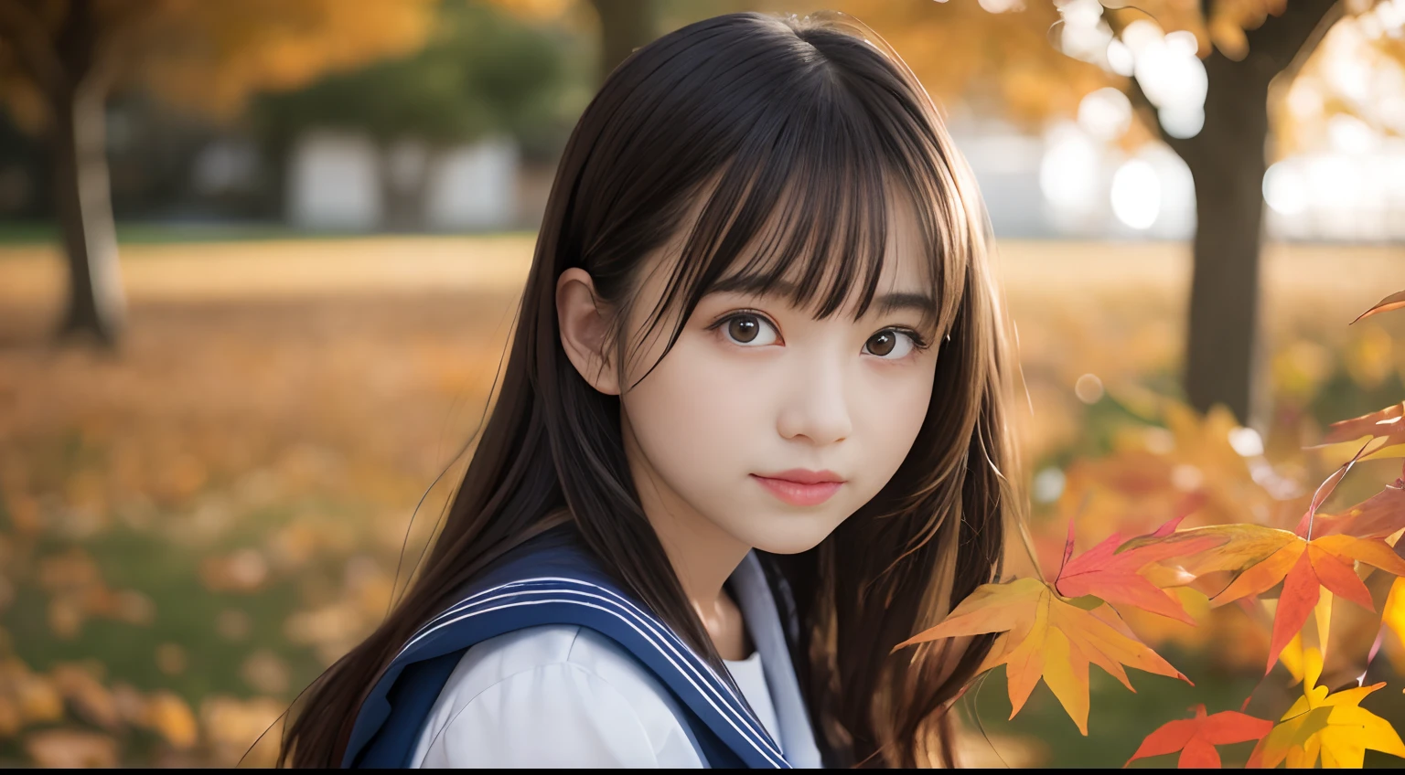 masutepiece, Best Quality, 8K, sixteen years old, Teen, Raw photo, absurderes, award winning portrait, ssmile, Solo, Idol face, violaceaess, gardeniass, Delicate girl, Upper body, Digital SLR, Looking at Viewer, Candid, Sophisticated, zora々Right, Thin arms, Professional Lighting, Film grain, chromatic abberation, (Eyes and faces with detailed:1.0), (Bokeh:1.1), Japanese high school girl、White Sailor School Uniform:1.2、Navy blue pleated skirt, Beautiful autumn scenery、Autumn leaves、