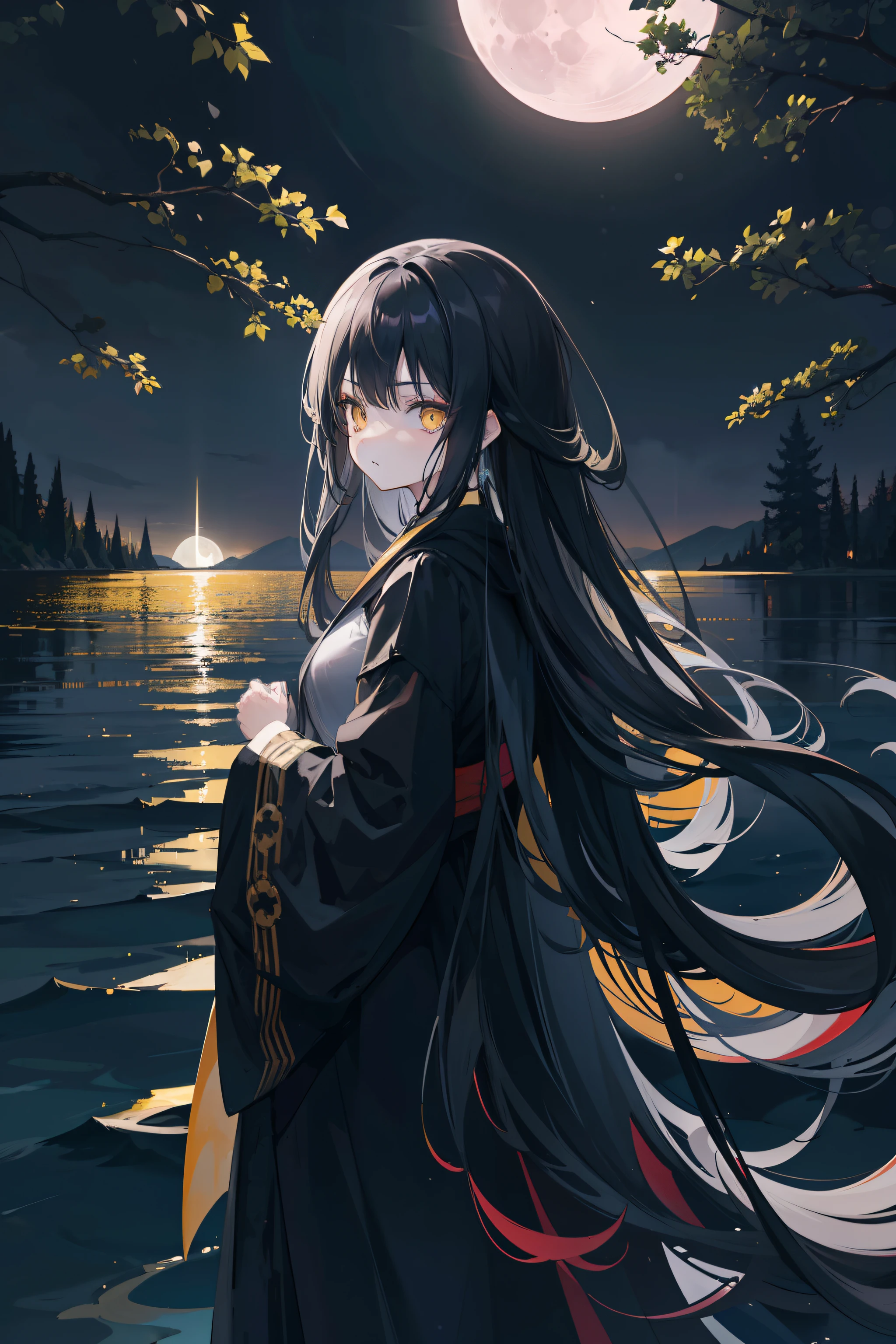 anime girl, long messy black hair, beautiful yellow eyes, wearing a long pitch black robe, sad expression, standing on a boat in the middle of a lake, under a very detailed moon, a dark sky, trees in the distance beside the lake, zoomed out, wallpaper, girl facing away from camera, 8k, high resolution