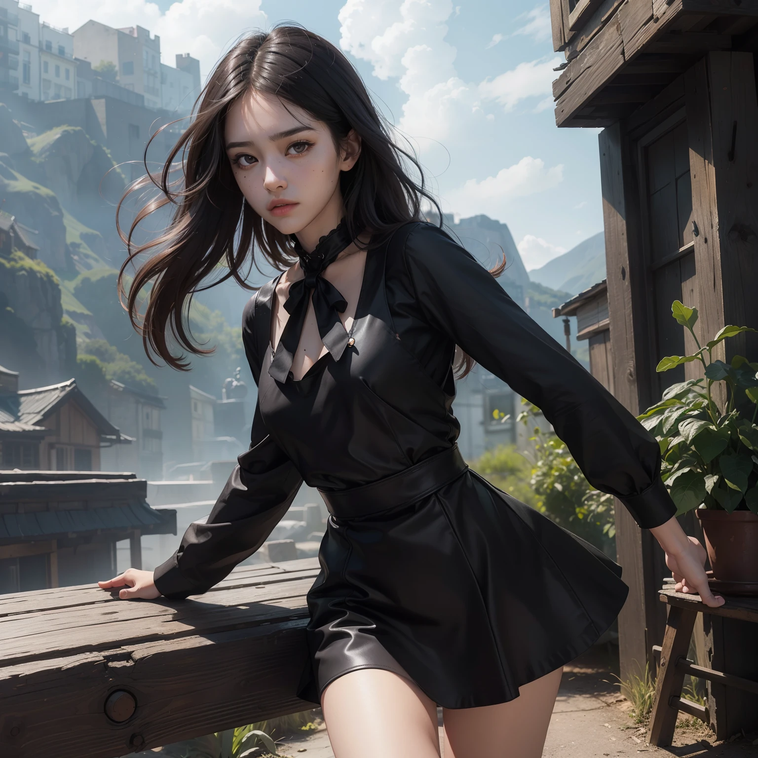 (Hyper-realistic), (Illustration), (High resolution), (8K), (Extremely detailed), (Best Illustration), Yol ( chain saw man ), (Beautiful detailed eyes), (Best Quality), (Ultra-detailed), (masutepiece), (Wallpaper), (Detailed face), Solo, Upper body, Focus on Face, 1 girl, Long Black Hair, Korean, Thin eyeshadow, A detailed eye, Brown eyes, Small moles under the eyes, very thin legs,Long sleeve shirt, Neckbow,  Small breasts,Black leather shoes,pinafore dress, Dynamic Pose, low illuminance, Night, Dark, Clouds, a dark night